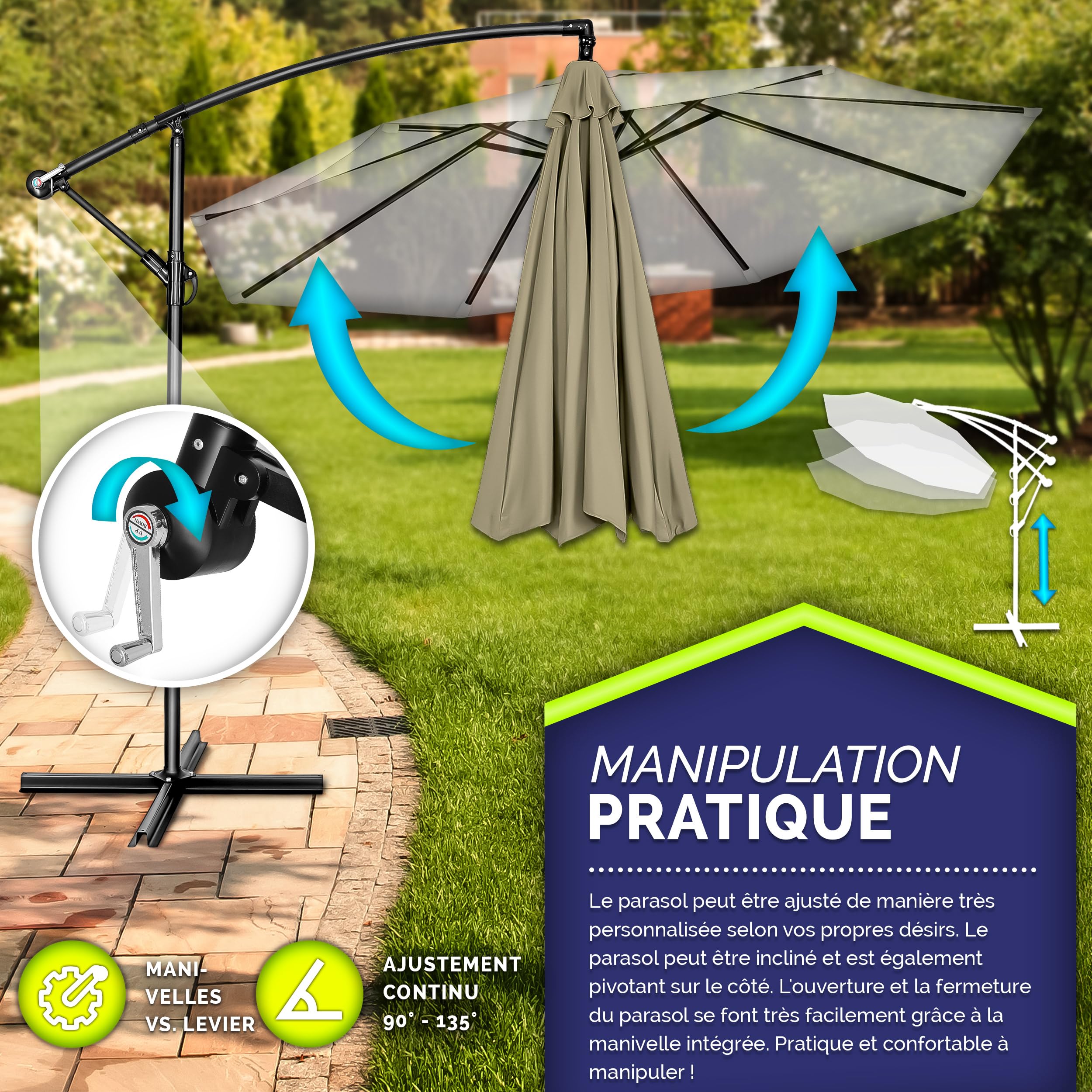 tillvex Parasol déporté hexagonale 3M avec manivelle | Pare-soleil avec pied | Protection UV en aluminium pour le jardin | Parasol à manivelle pour le marché déperlant