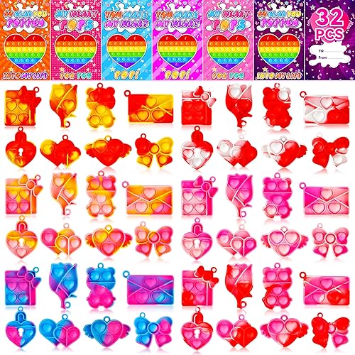 Paquete de 32 tarjetas de regalo para el día de San Valentín para niños con mini llavero de burbujas para apretar, juguete para aliviar el estrés,