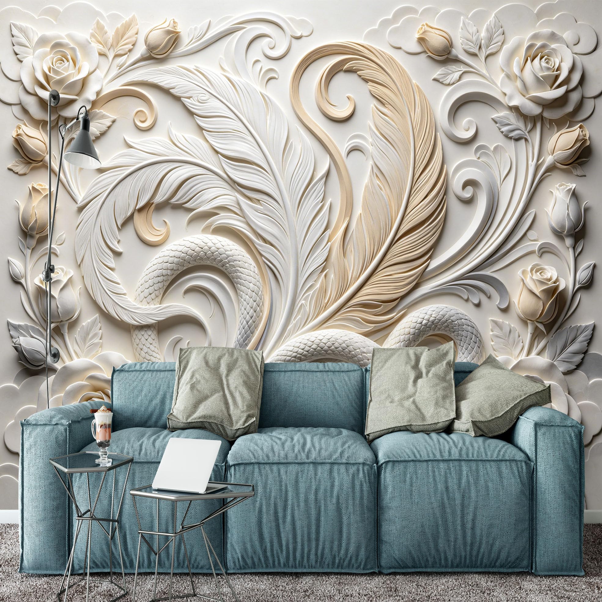 Carta Da Parati Fotografica con Serpente Intrecciato E Grandi Piume Effetto Rilievo Floreale In Gesso Murale Da Parete 210×150 cm (Lxa) Decorazione Fai Da Te per La Casa Rivestimento Murale per Div