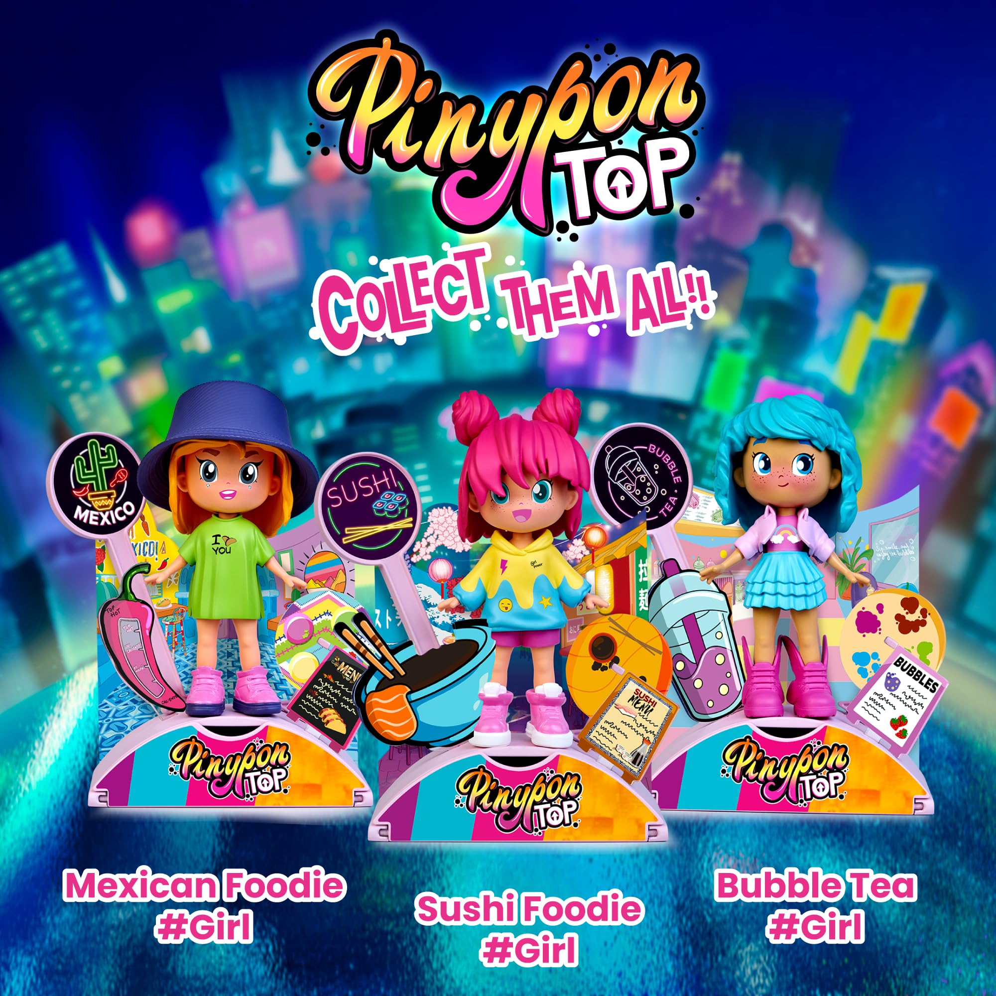Pinypon TOP Bubble Tea Girl, Chica TOP con Temática Té de Burbujas, Figura Articulada de Brazos y Piernas, Doble Cara y Ropa y Zapatos Intercambiables, Sobre con Accesorios, +4 años, Famosa (PNN01300)