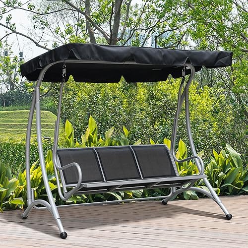 Miniatura 2 de Outsunny Silla columpio de 3 asientos para porche al aire libre, planeador de columpio para patio con toldo ajustable, asiento transpirable y marco