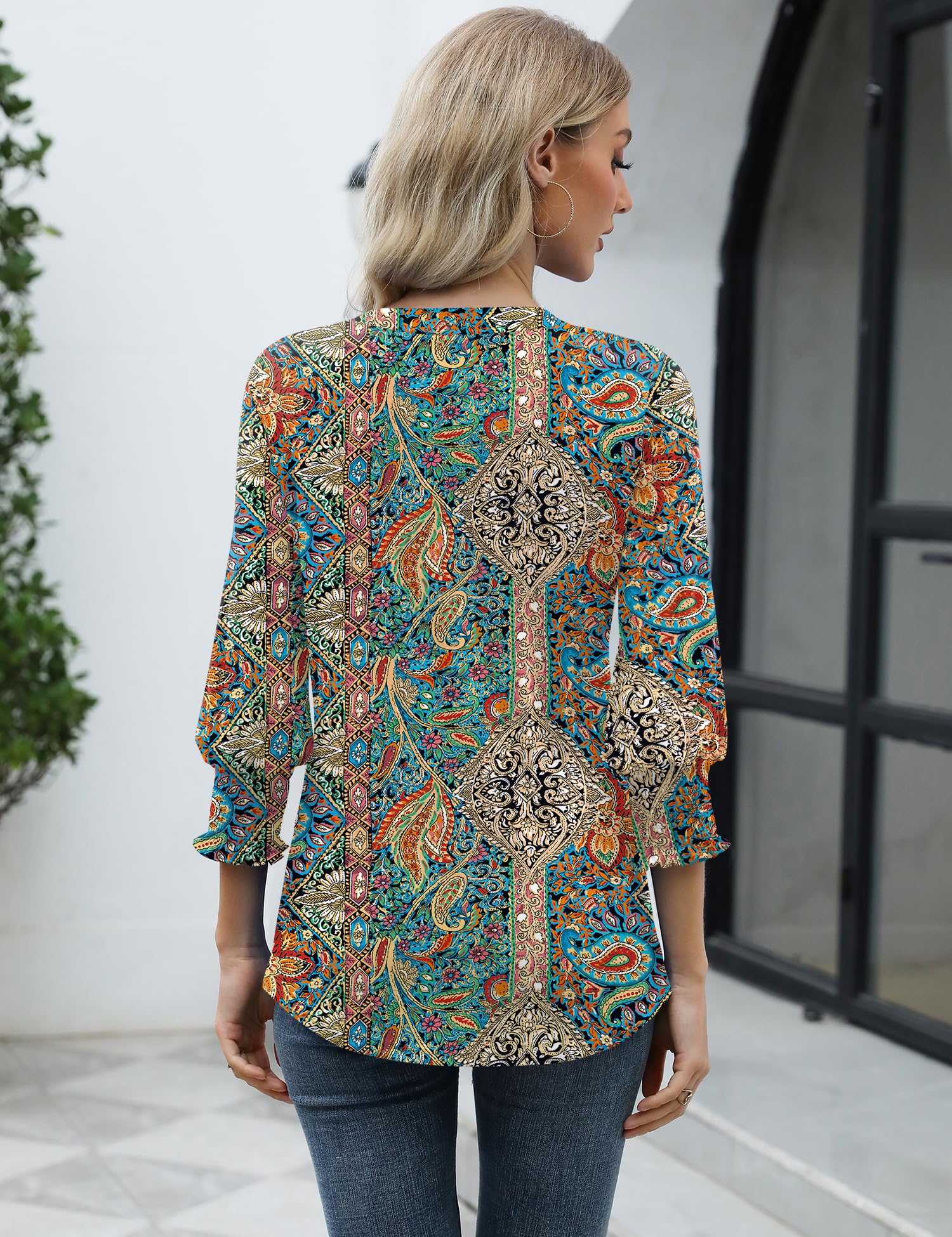Rapbin Blusa para mujer de manga 3/4 con cuello de pico, túnica, holgada, elegante, informal