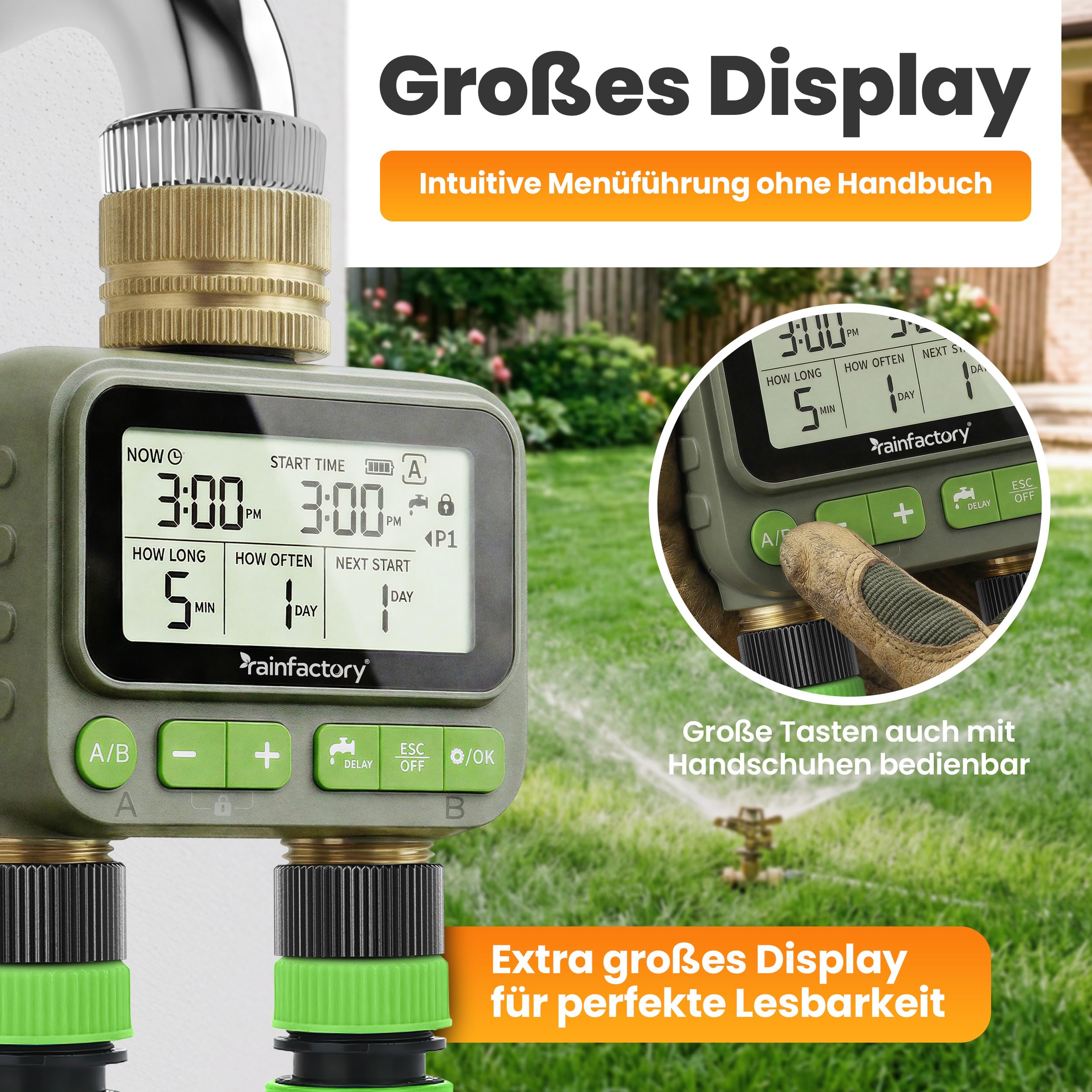 rainfactory Bewässerungscomputer 2 Ausgänge - automatische Bewässerungssteuerung für Garten - Bewässerungsuhr mit 4 Programmen, Delay - Wasser Zeitschaltuhr IP65, 3/4 Zoll für Rasen Beet & Topf Balkon