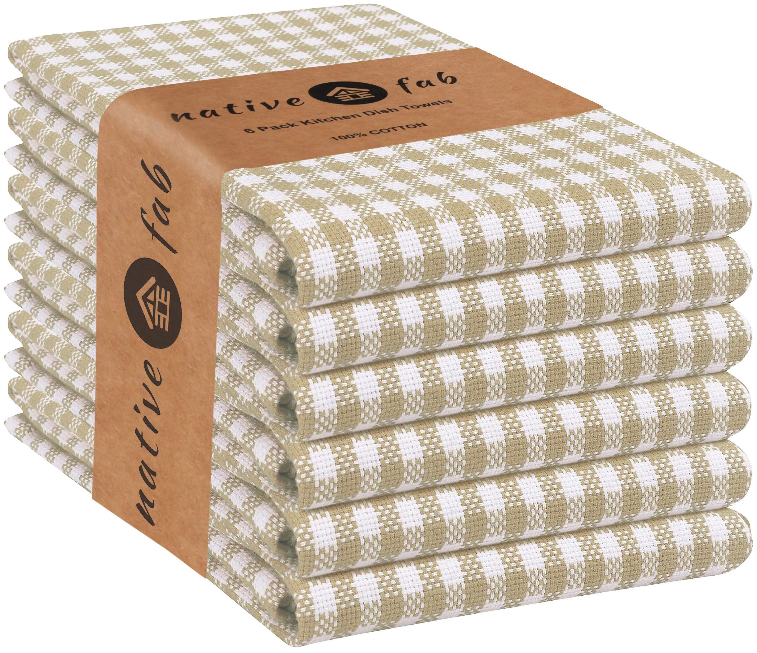 Native Fab 6 Pack Gingham Farmhouse Kitchen Dish Towels Cotton Absorbent Durable Washable 15x25 - Tea Towels, Dish Cloths, Restaurant Cleaning Towels, Kitchen Towels with Hanging Loop, Beige White