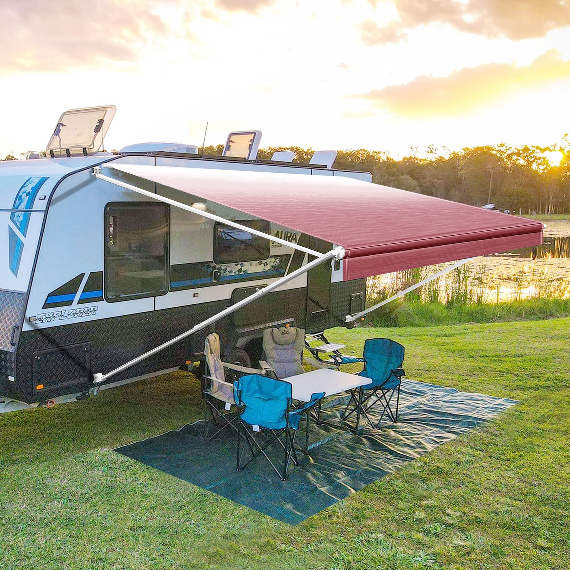 Manual RV Awning Complete Kit Retractable Camper Awning for RV or Trailers RV Roll Out Awning RV Trailer Awning for Camper or 5th Wheel,Toy Haulers,Motohome(16Ft,White Frame,Burgundy Fade
