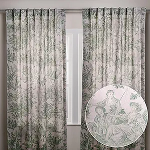 Maison d' Hermine Curtains for living room 100% Cotton 124 inch length Two Panels Light Filtering Toile Curtains for Bedroom Windows with rod and loop Pockets (The Miller Antique Green, 50"W x 124"L)