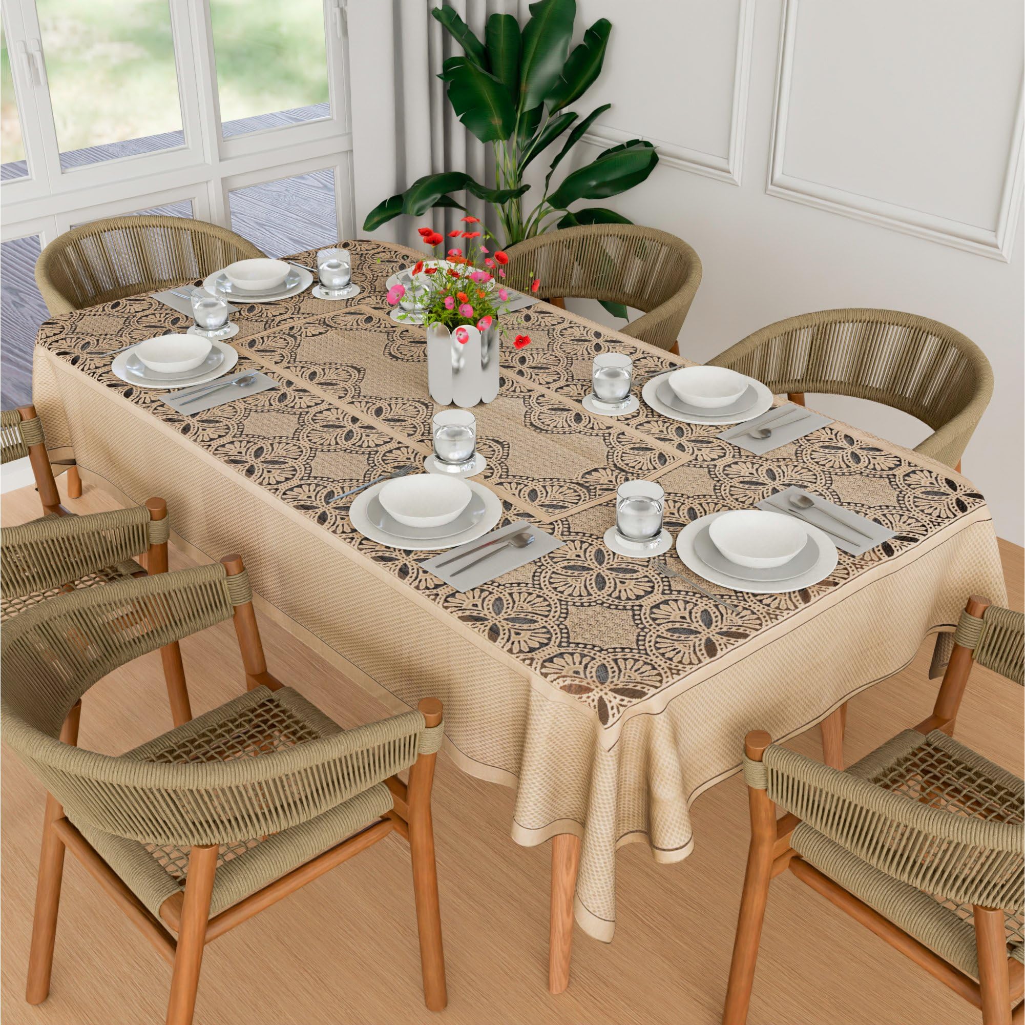 Heart Home Dining Table Cover | 60x90 Inch | Net 6-Seater Table Cover | Kitchen Dining Table Cloths | Hotels-Restaurants Table Cover | Self Flower New Jersey | DTC | Golden-image-11
