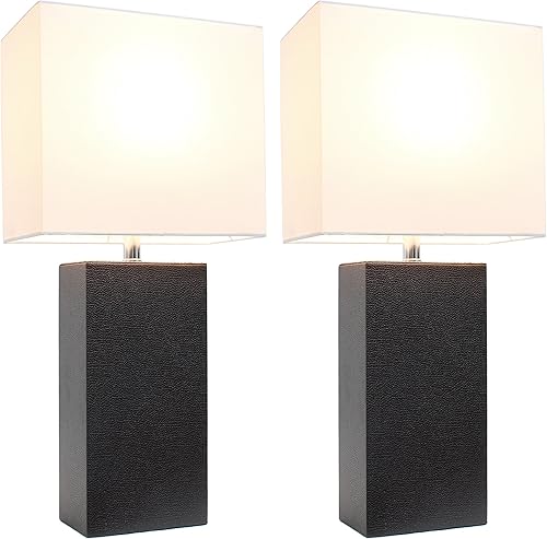 Miniatura 4 de Elegant Designs LC2000-BWN-2PK - Juego de 2 lámparas de mesa de cuero con pantallas de tela blanca, paquete de 2, LC2000-BWN-2PK