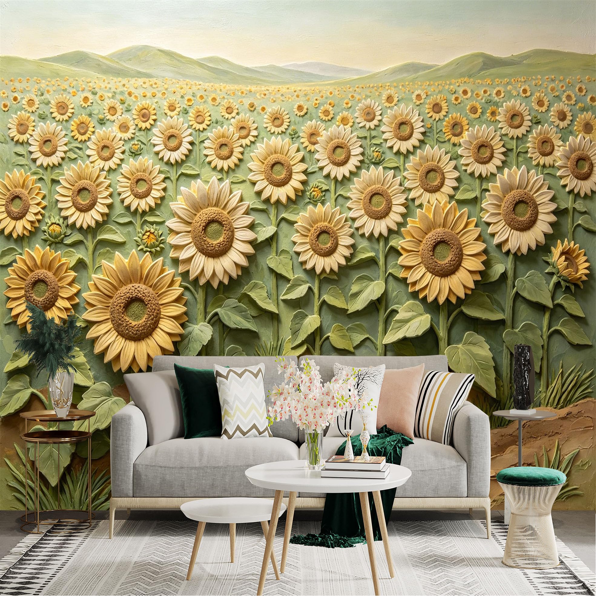 Lnzczhyre Dbh260521769 Custom Size Wall Sticker Mural， Textured Sunflower Field， Farm Landscape， Floral Nature Scenery， Golden Petals， For Wall Decoration， Peelandstick Wall Decals.