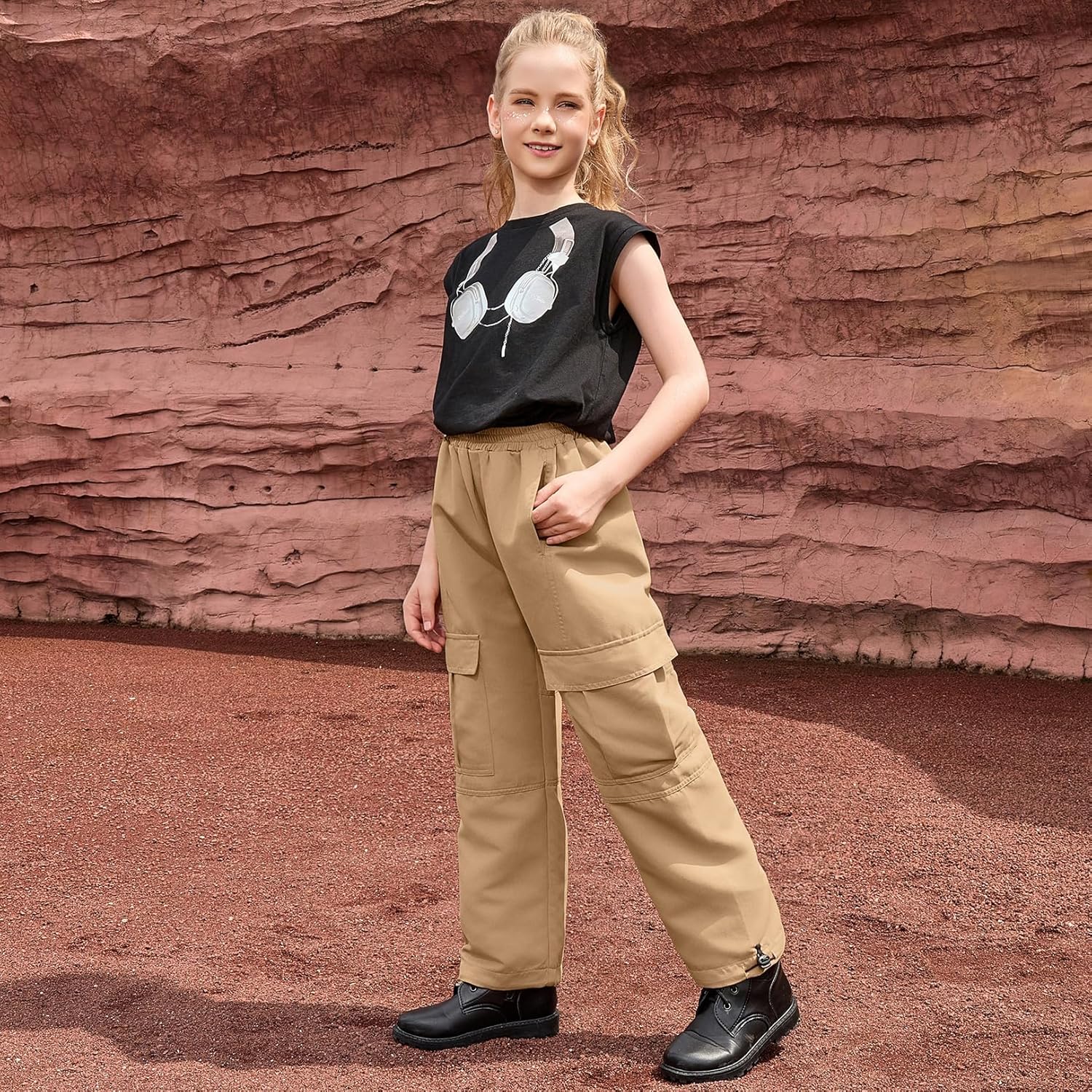 Mirawise Girls Cargo Pants with Elastic Waist & Multi-Pockets Straight Leg Jogger Pants for 4-13Y - Image 2