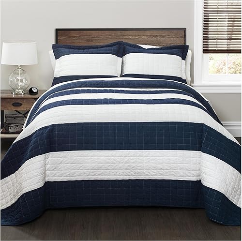 Lush Decor New Berlin - Juego de ropa de cama de 3 piezas con diseño de rayas, matrimonialqueen, azul marino y blanco