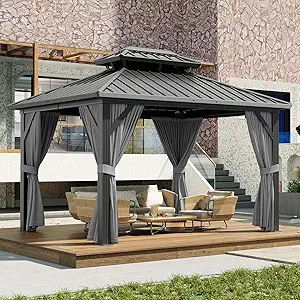 10x12ft Double Roof Hardtop Gazebo, Heavy Duty Galvanised Steel Hardtop Pavilion with Nettings and Curtains, Aluminum Gazebo for Patio, Terrace, Lawn and Deck, Grey