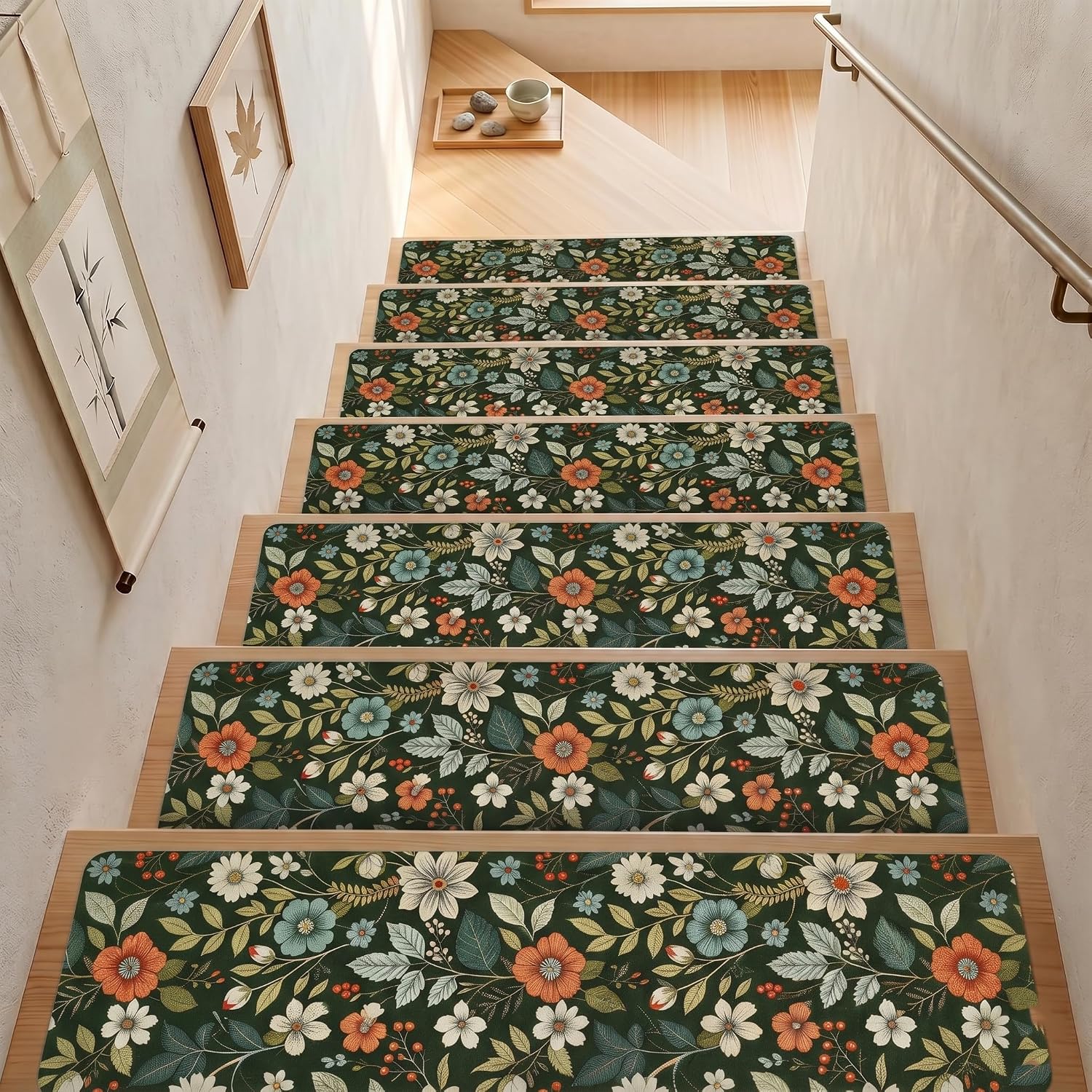 Flower Stair Treads Non Slip 15pcs, Stair Runner for Wooden Steps, Rubber Backing Stairs Carpet, Machine Washable Indoor Staircase Covers Mat with Rubber Backing for Pets and Kids 8"X30" Green