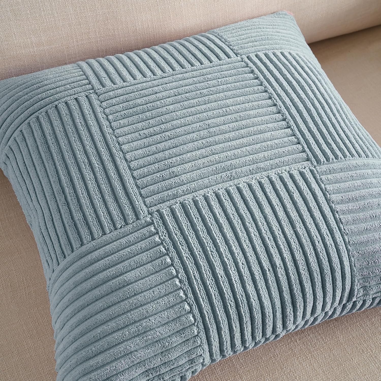 Fancy Homi Set of 2 Light Blue Boho Decorative Throw Pillow Covers 20x20 Inch for Living Room Bedroom Couch Bed Sofa, Modern Farmhouse Home Decor, Soft Striped Plaid Corduroy Accent Cushion Case - Image 4