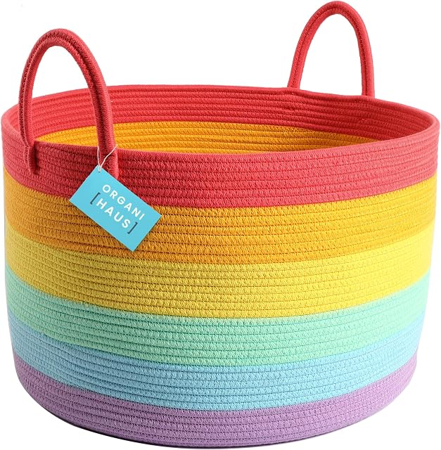 OrganiHaus Storage Basket for Rainbow Classroom Decor 20x13 | Throw Blanket Basket for Living Room | Laundry Storage Organizer | Toy Basket Storage for Kids | Hamper for Baby Rainbow Nursery Décor