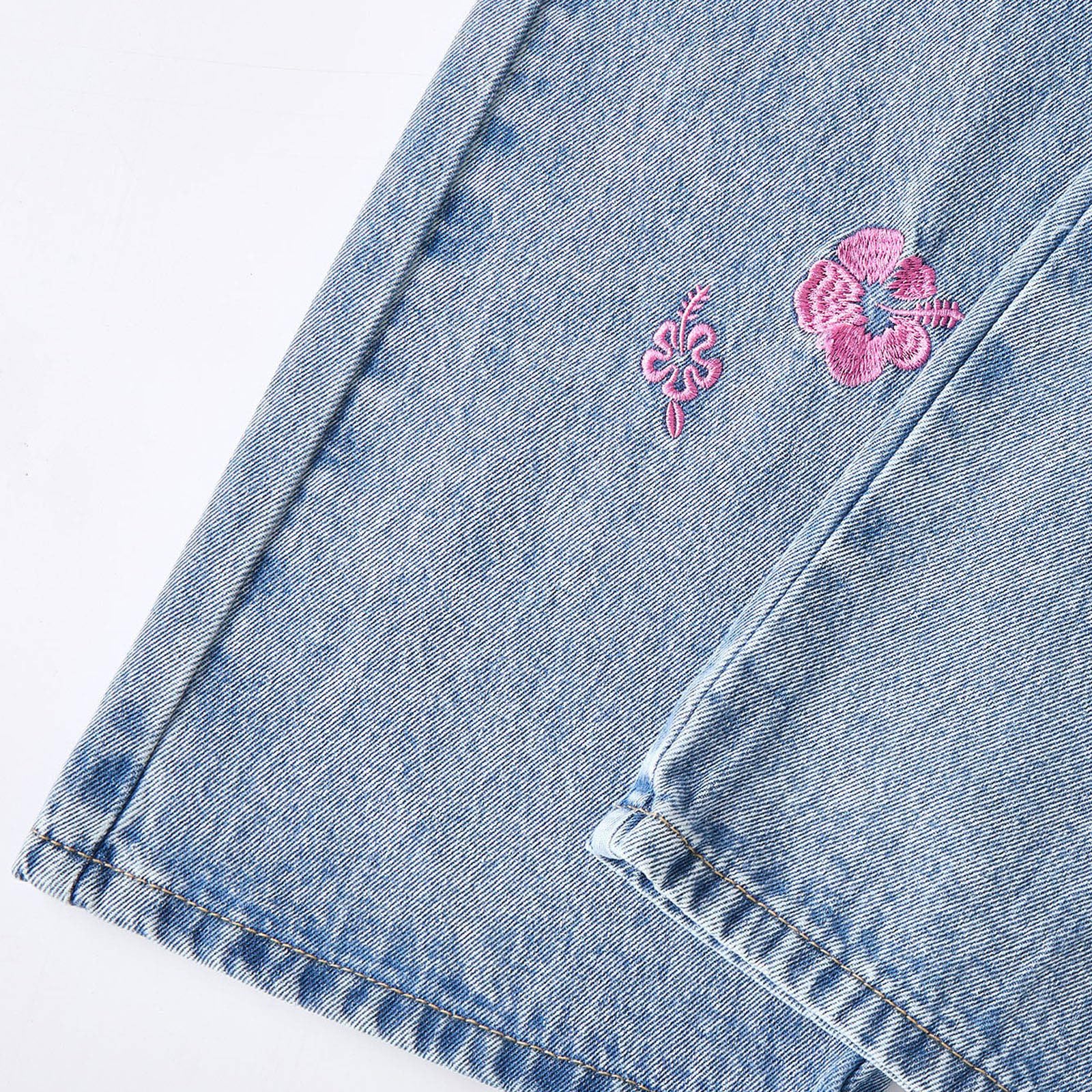 Vaqueros Baggy para Niñas,Cintura Alta Elástica Pierna Ancha Pantalones de Denim con Bordado de Floral Casual Hip Hop Jeans Holgados Recto Pantalon Vaquero con Bolsillos para Niños 6-13 Años