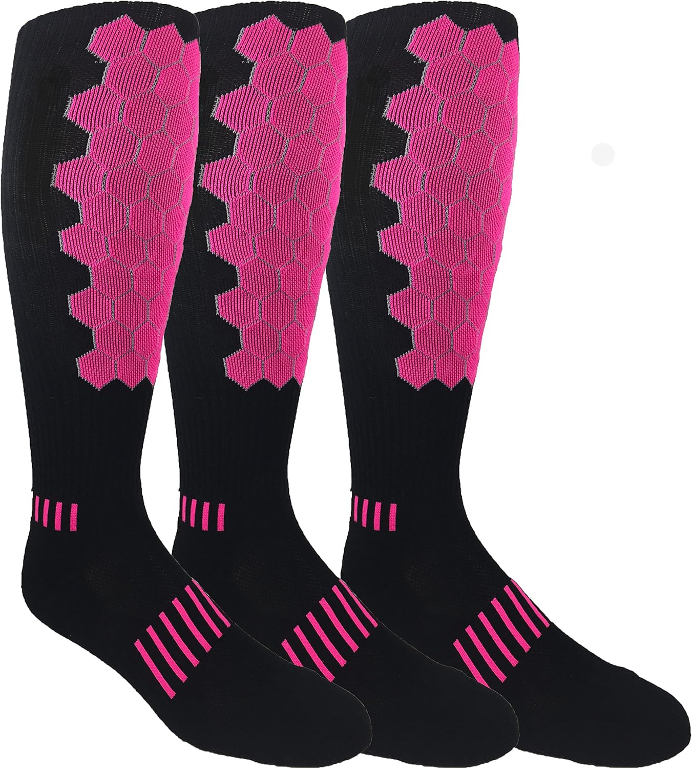MOXY Socks Helix Over-the-Calf Training Socks 3-Pack, Black with Hot Pink Hex Pattern, Stay-Up Tall Athletic Fit, Breathable Sweat-Managing Knit, Durable Shape-Hold