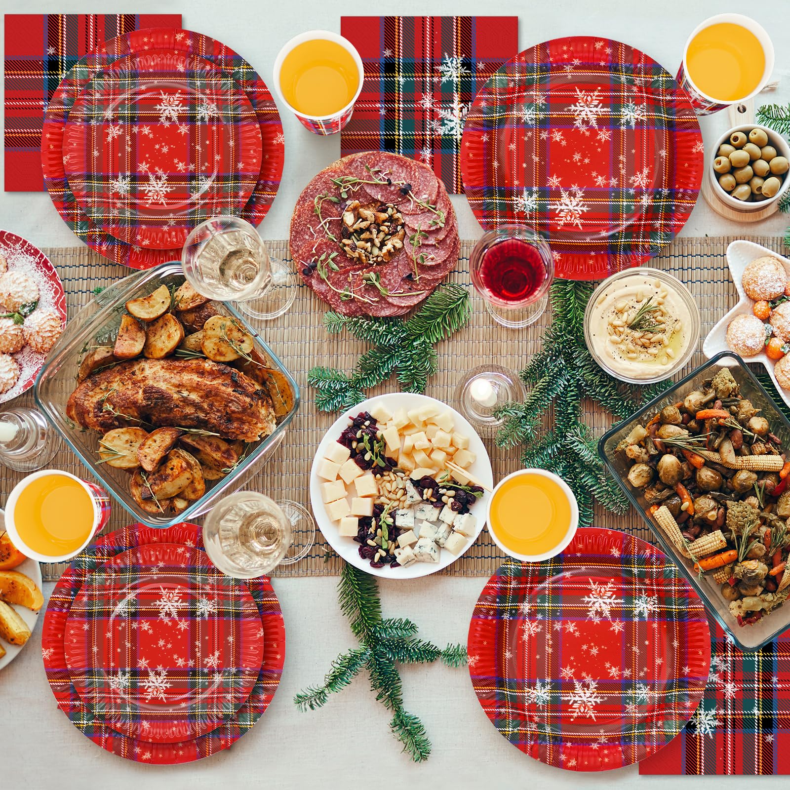 HNH Piatti, Tovaglioli e Bicchieri di carta Natale Rosso scozzese 100 pezzi Piatti di carta da dessert usa e getta Set di Stoviglie monouso per feste