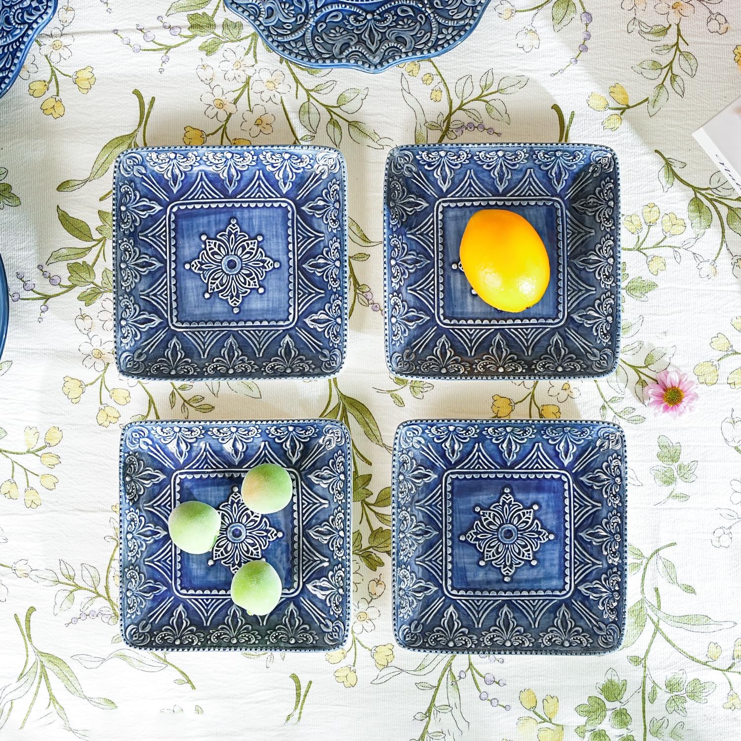 Sungmor Embossed Stoneware Fine Dining Dinnerware, Antique Baroque Style Porcelain 6 Inch Square Appetizer Plates Set of 4, Sophisticated Ceramic Small Dinner Plates Serving Dish for Dessert, Salad