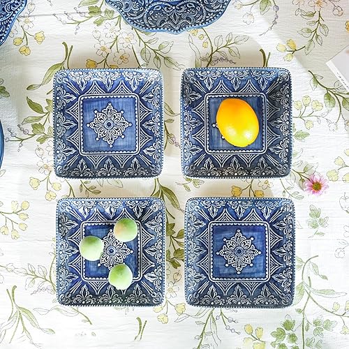 Miniatura 2 de Sungmor Vajilla fina de cerámica en relieve, porcelana de estilo barroco antiguo de 6 pulgadas, platos cuadrados para aperitivos, juego de 4,