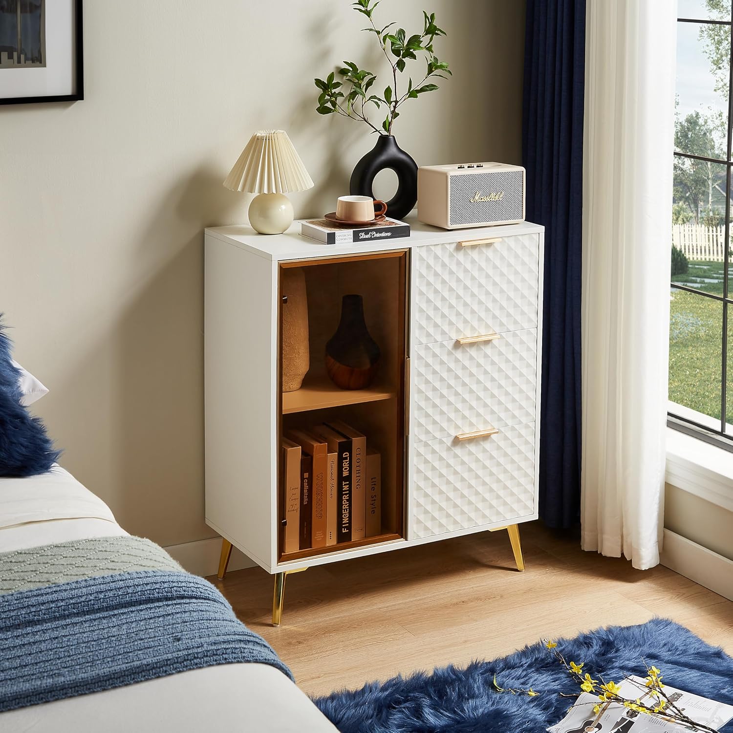 TV Stand Entertainment Center with Glass Doors, Modern Sideboard Cabinet with Storage, Small Kitchen Buffet Cabinet with Glass Door & 3 Drawers, White, for Kitchen, Living Room,31.5 * 15.7 * 37.6