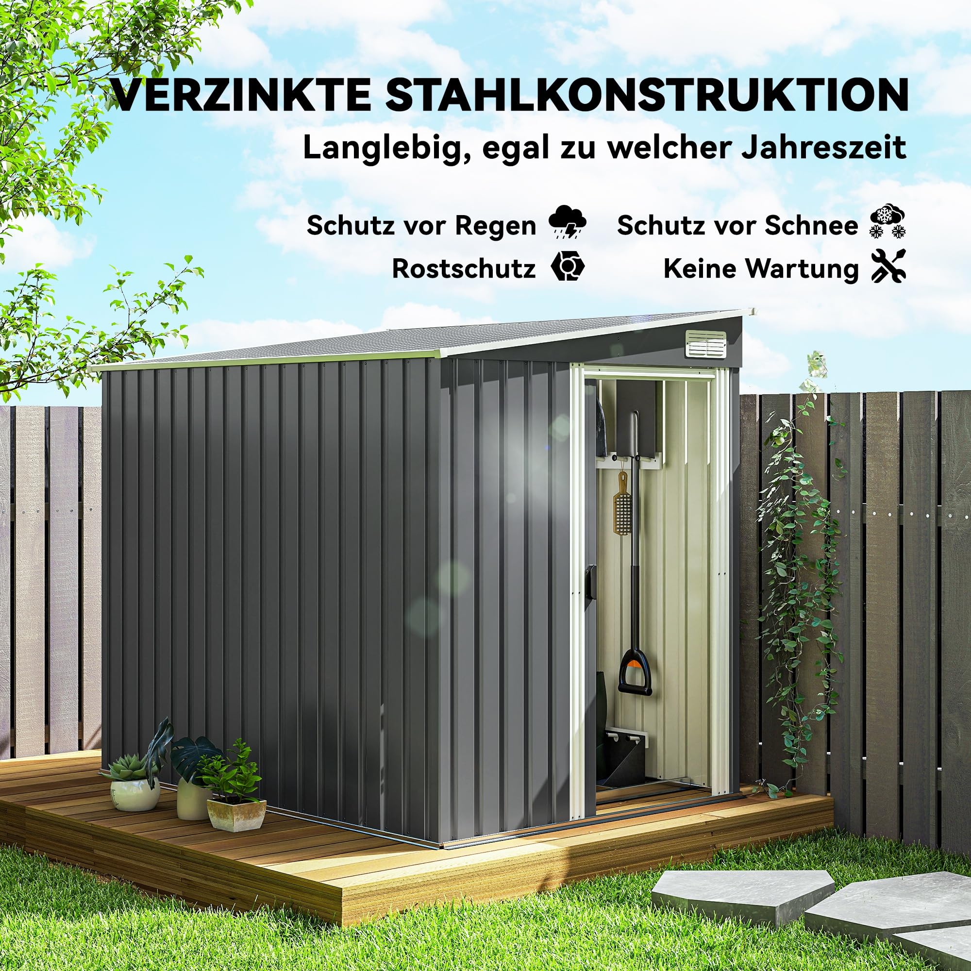 Outsunny Metalowy domek na narzędzia 2,81 m² z dachem jednospadowym 154 x 206,5 x 181 cm, ciemnoszary | fundament, drzwi przesuwne, odporne na warunki atmosferyczne, szopa na narzędzia, szopa ogrodowa, na podwórko, na zewnątrz