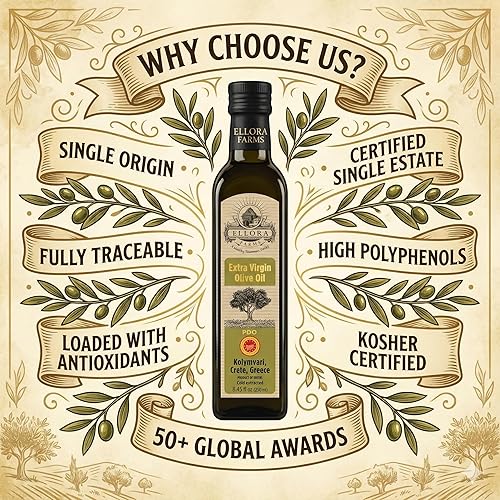 Miniatura 2 de Ellora Farms, Aceite de oliva virgen extra griego, DOP certificado de un solo estado, rastreable, Kosher y primera prensa en frío, alto polifenoles,