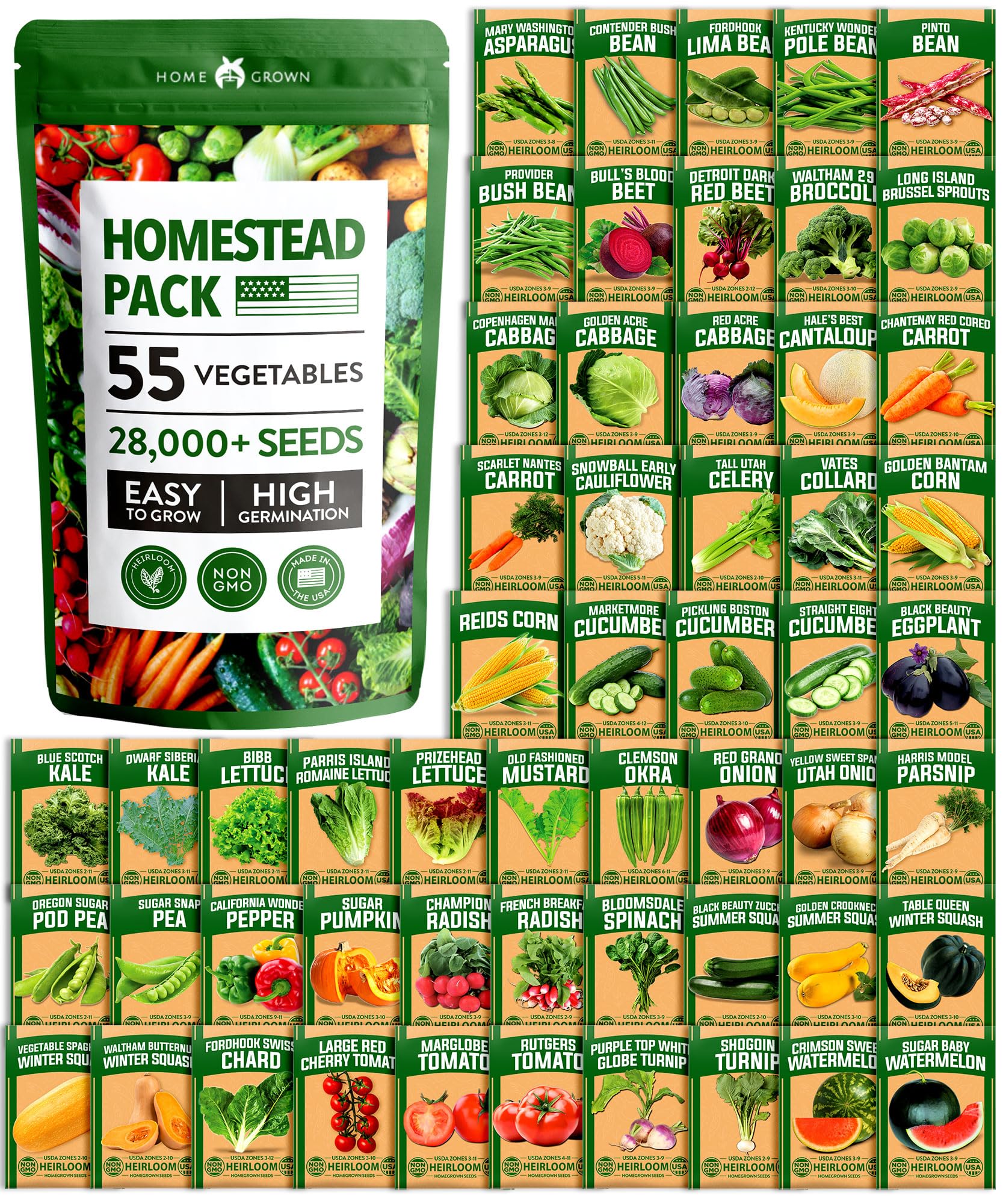 Semillas de vegetales autóctonas – más de 25,300 semillas – 55 variedad de semillas de verduras sin OMG para plantar el jardín del hogar, semillas de jardinería de supervivencia y semillas de jardinería – Semillas para plantar frutas y verduras