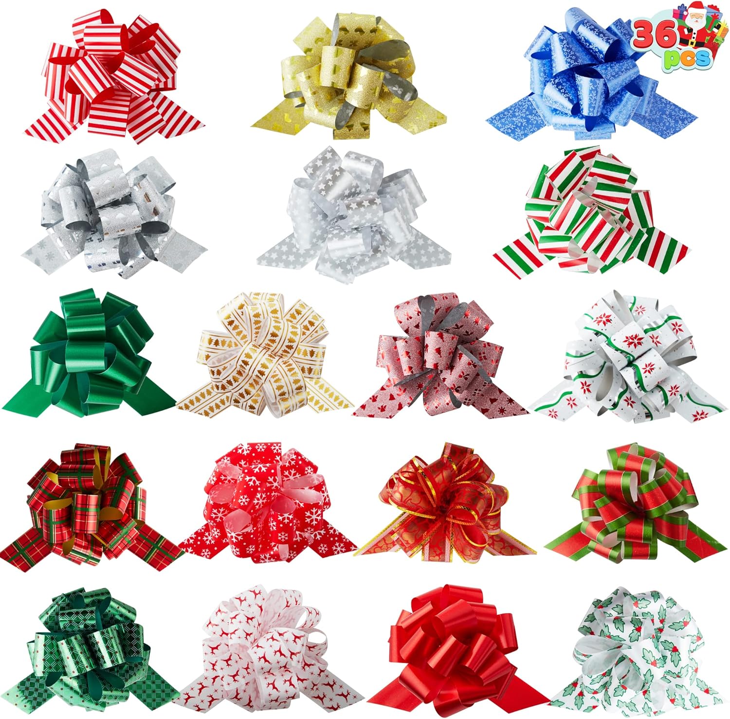 JOYIN 36 PCS Christmas Wrap with Ribbon Pull Bows 4.7", Pull Bows for Gift Wrapping, Easy and Fast Wrapping Accessory for Xmas, Baskets, Wine Bottles, Present, Florist, Bouquet Decoration