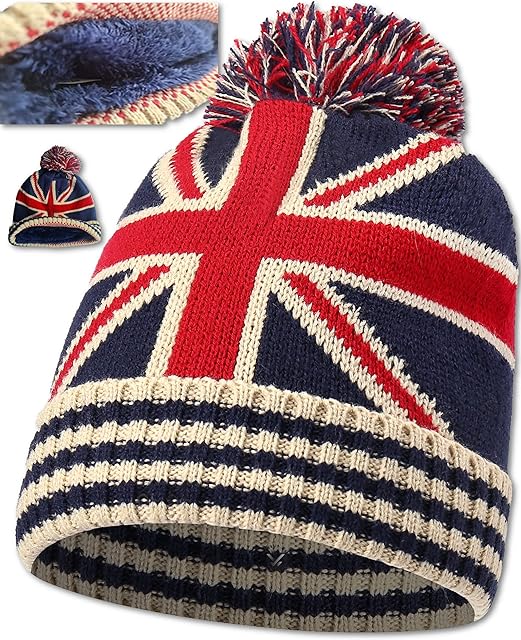 Union Jack Flag Thermal Hat  Bobble Hat  Bob Winter Pom-Pom Cap Smart Fitting, Acrylic Cosy & Comfortable Warm UNISEX - Gift Idea - One Size Fit Most