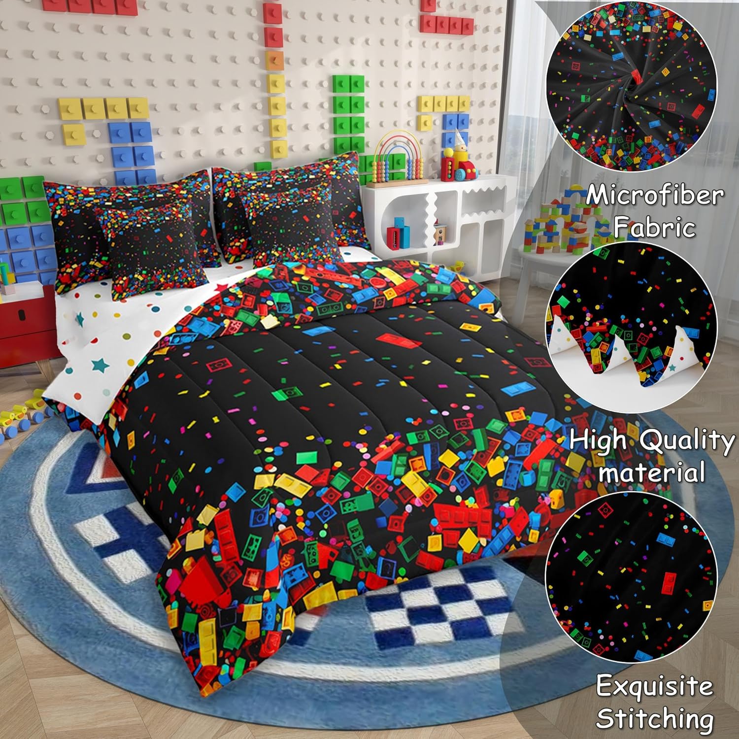 3D Building Blocks Bedding Sets Construction Comforter Set 7 Piece Bed in a Bag Twin,for Boys,Colorful Sheet Set with Comforter Kids Bricks Rainbow Gradient Room Decor for Teen Girls,Black