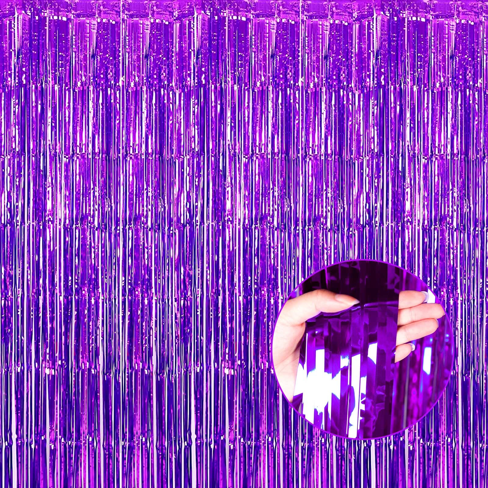 4 Pack Purple Foil Fringe Curtain Backdrop, 3.28Ft x 8.2Ft Metallic Tinsel Foil Fringe Streamer for Party, Photo Booth Props, Birthday, 2022 Graduation Decoration Party Supplies