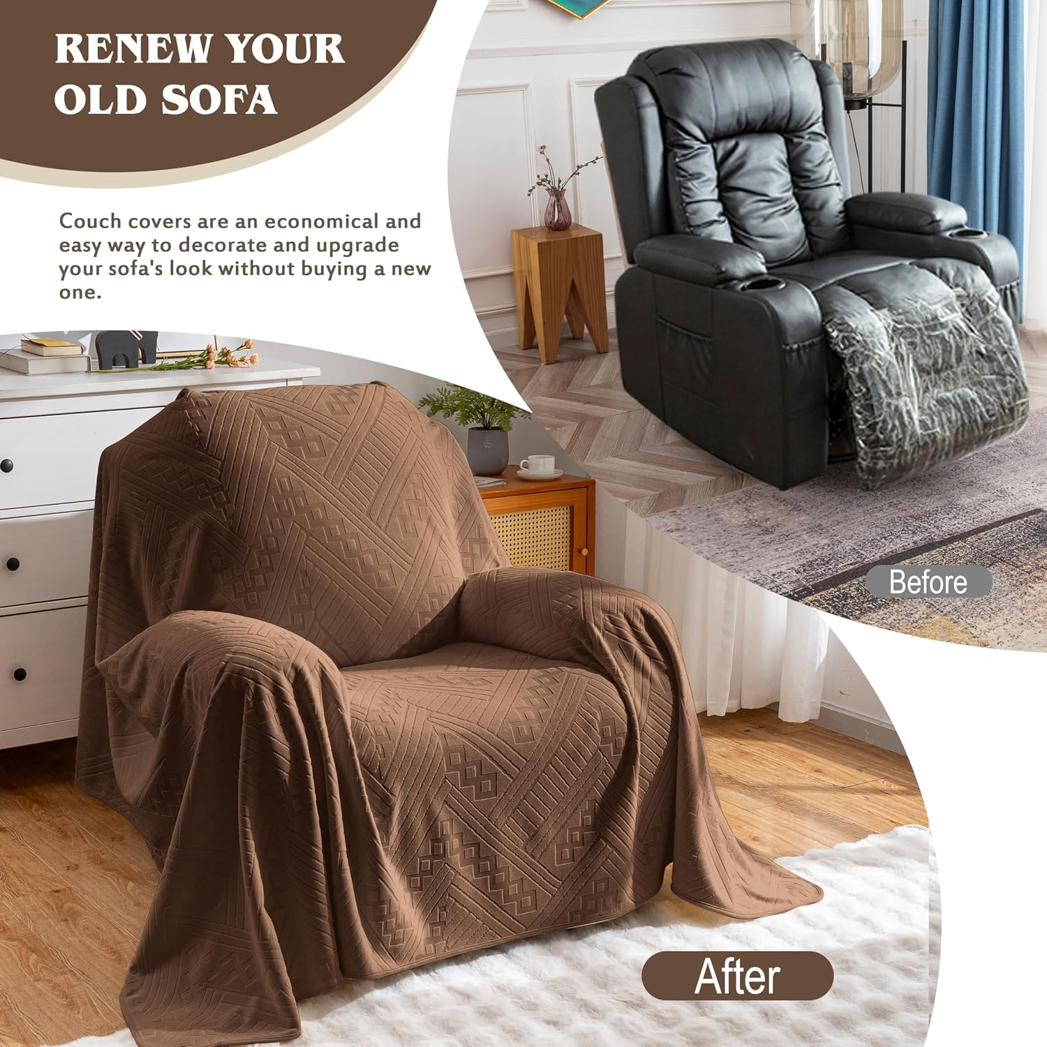 Waterproof Recliner Chair Covers, Anti-Slip Reclining Chair Covers, Pet-Friendly, Washable, Durable and Breathable Couch Covers – Reversible Design for Sofa Protection(71x71in/Brown)