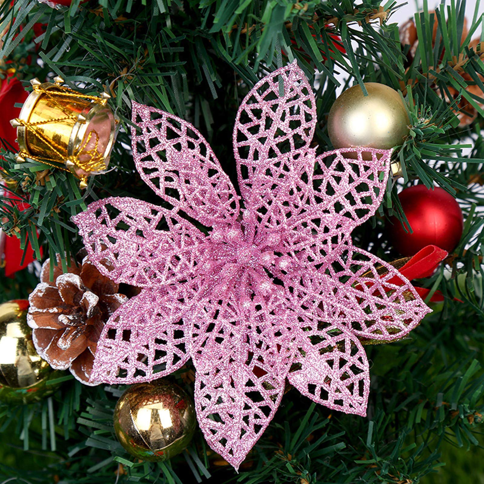SWECOMZE 12-teiliges Glitzer-Weihnachtsbaumschmuck-Set, Kunststoff Blüten-Ornamente Mit Glitzer, Ca. 14 Cm Durchmesser, Ideal