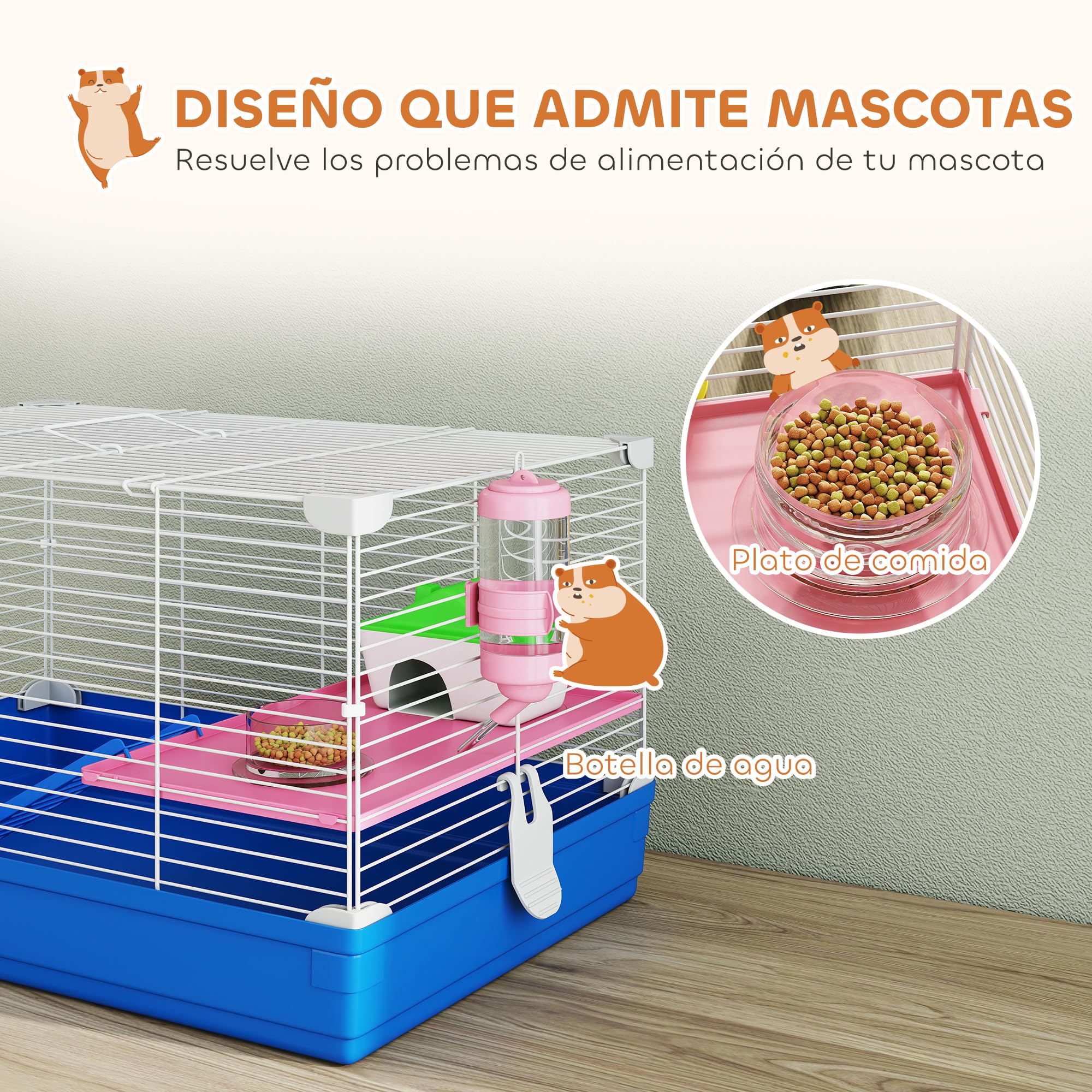 PawHut Jaula para Hámster, Casa para Roedores Pequeños con Rueda de Ejercicio, Cuenco, Bebedero, Casita, Rampas, Plataforma, Bandeja Extraíble, para Jerbos, 47x30x27 cm, Azul