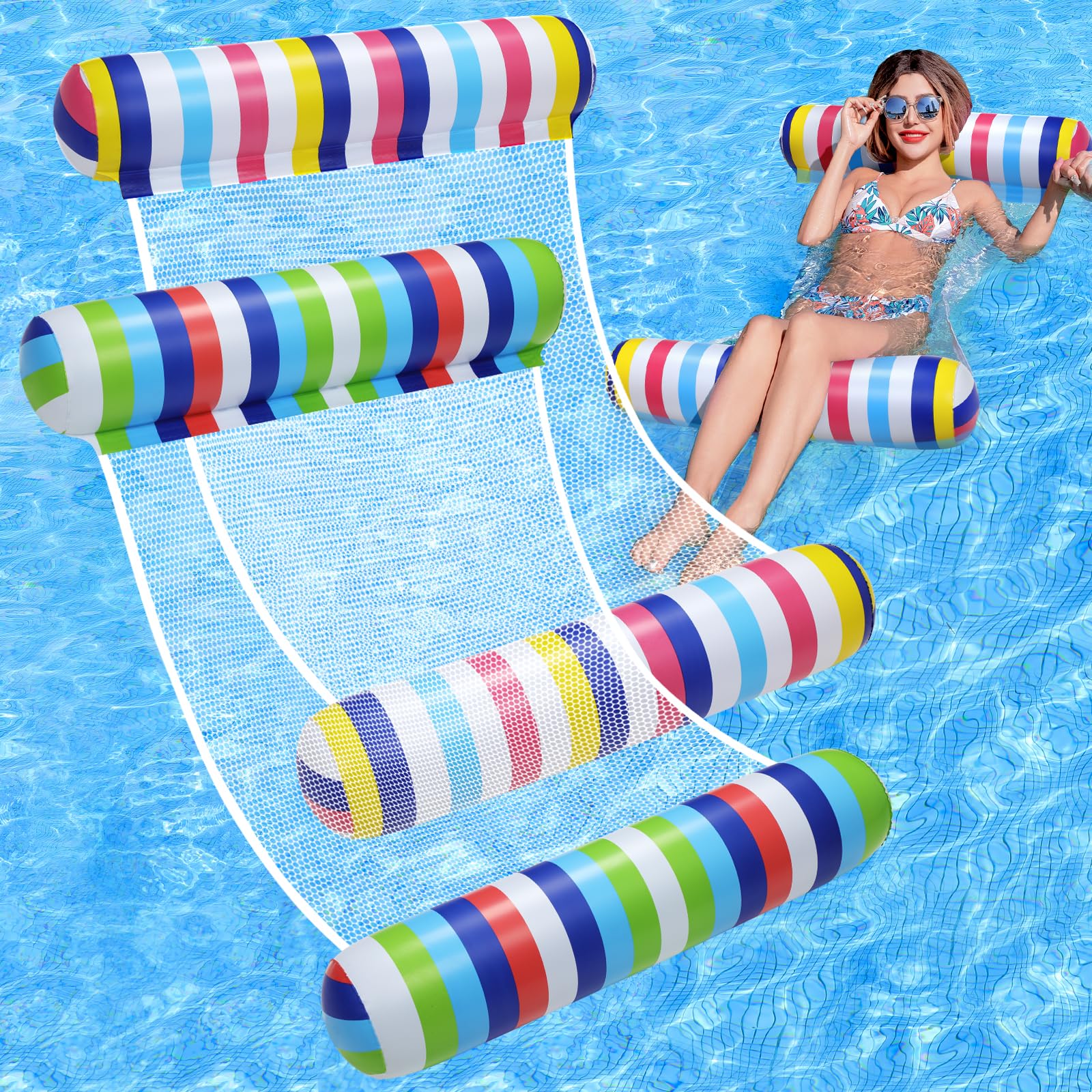 Pool Floats Adult, 2 Pack Inflatable Pool Floats, 4-in-1 Multi-Purpose Rafts Lounger Water Hammock for Swimming Pool, Thick PVC Pool Floaties for Adults Vacation