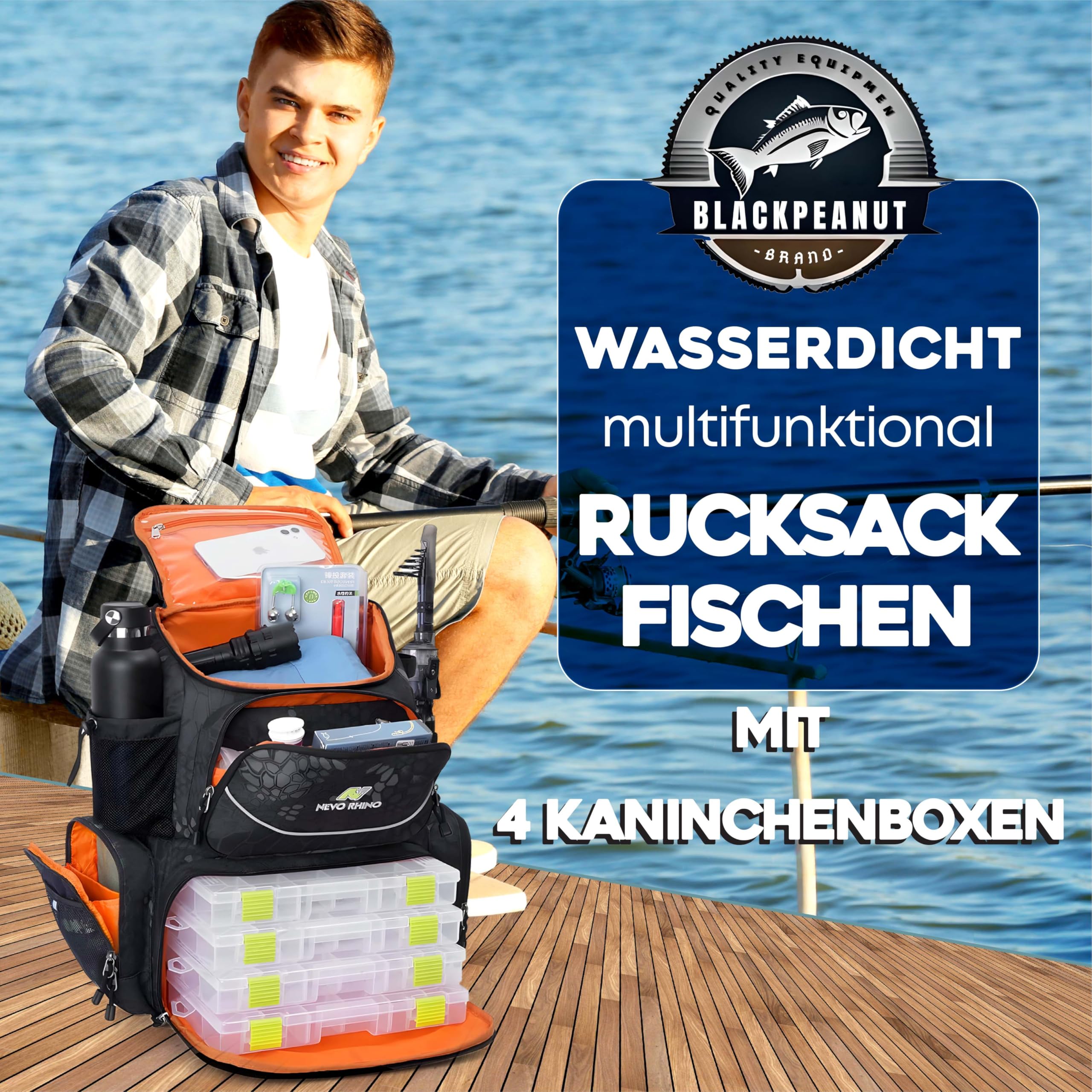 Angelrucksack mit Inklusive Boxen – Gerätekoffer mit Fächern – Ideal für Brandungsangeln, Karpfenangeln und Spinnfischen – Wasserabweisende Angeltasche mit Großer Kapazität