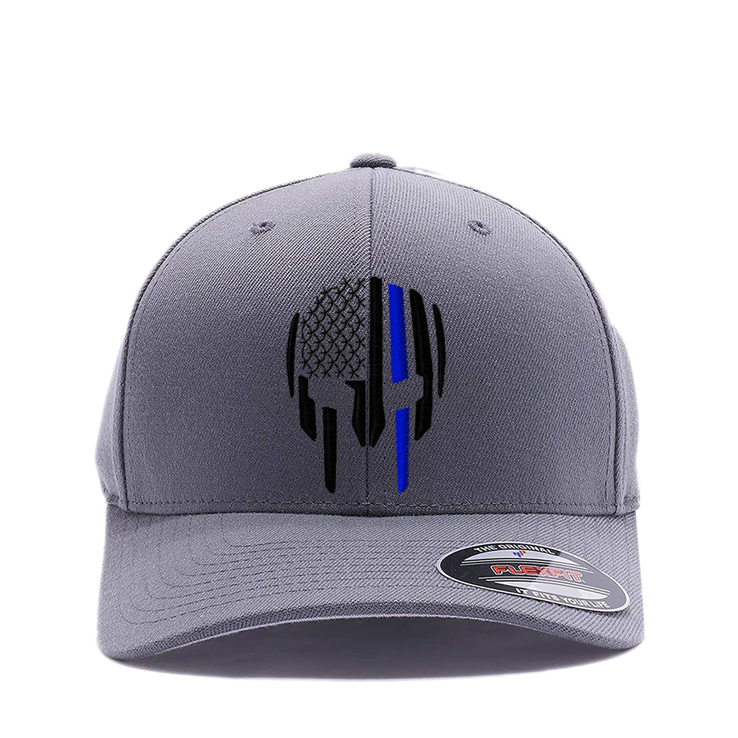 Custom Thin RED LINE - Thin Blue LINE Spartan Helmet Cap. Embroidered. 6477 Flex Baseball Hat (L/XL, Grey)