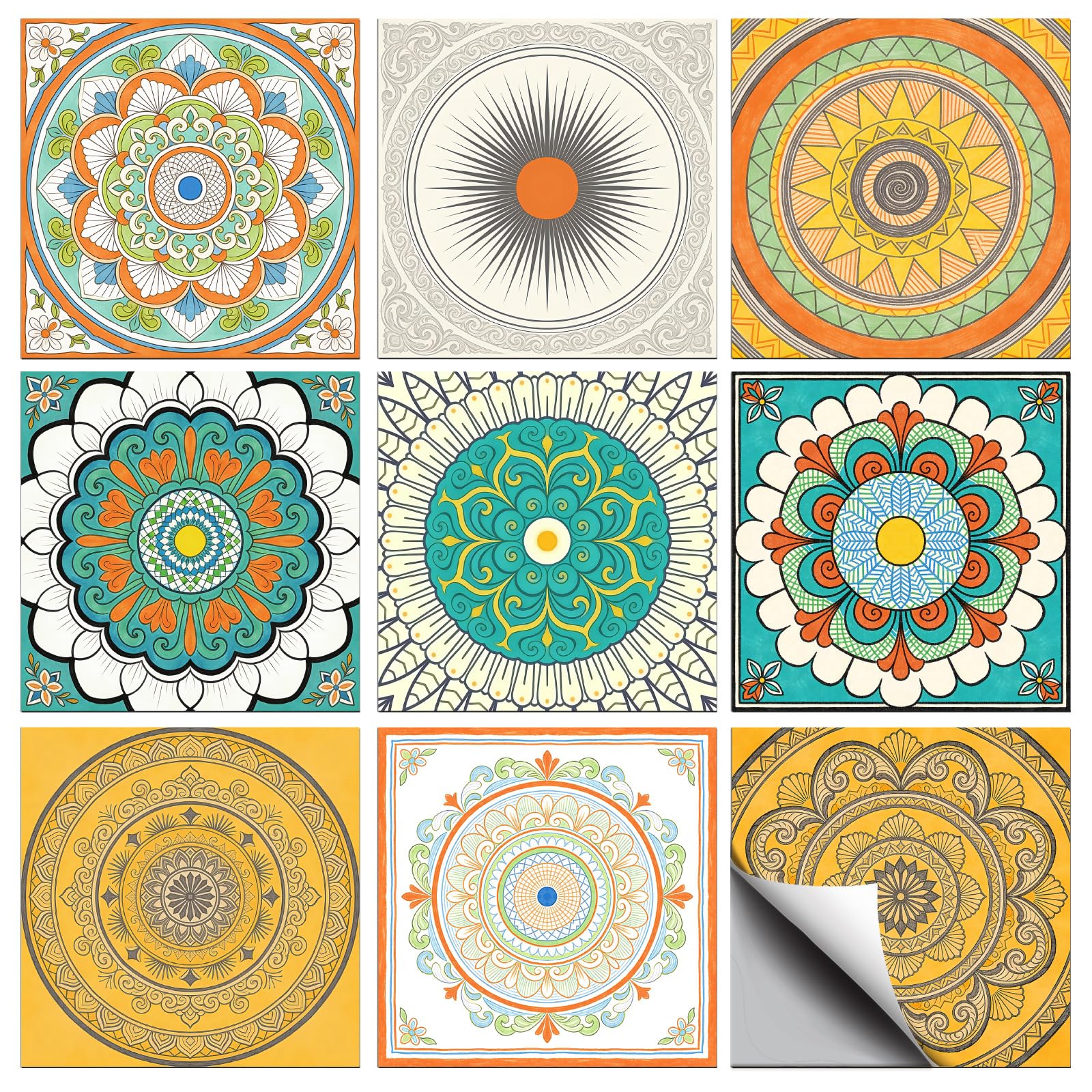 CONCHLERY 36 Pcs 9 Style Tile Stickers Circular Scenery Peel and Stick Mandala Patterns Wall Tile Stickers Waterproof Self Adhesive Moroccan Stick on Tiles Decals for Kitchen Bathroom Wall, 4×4 Inch