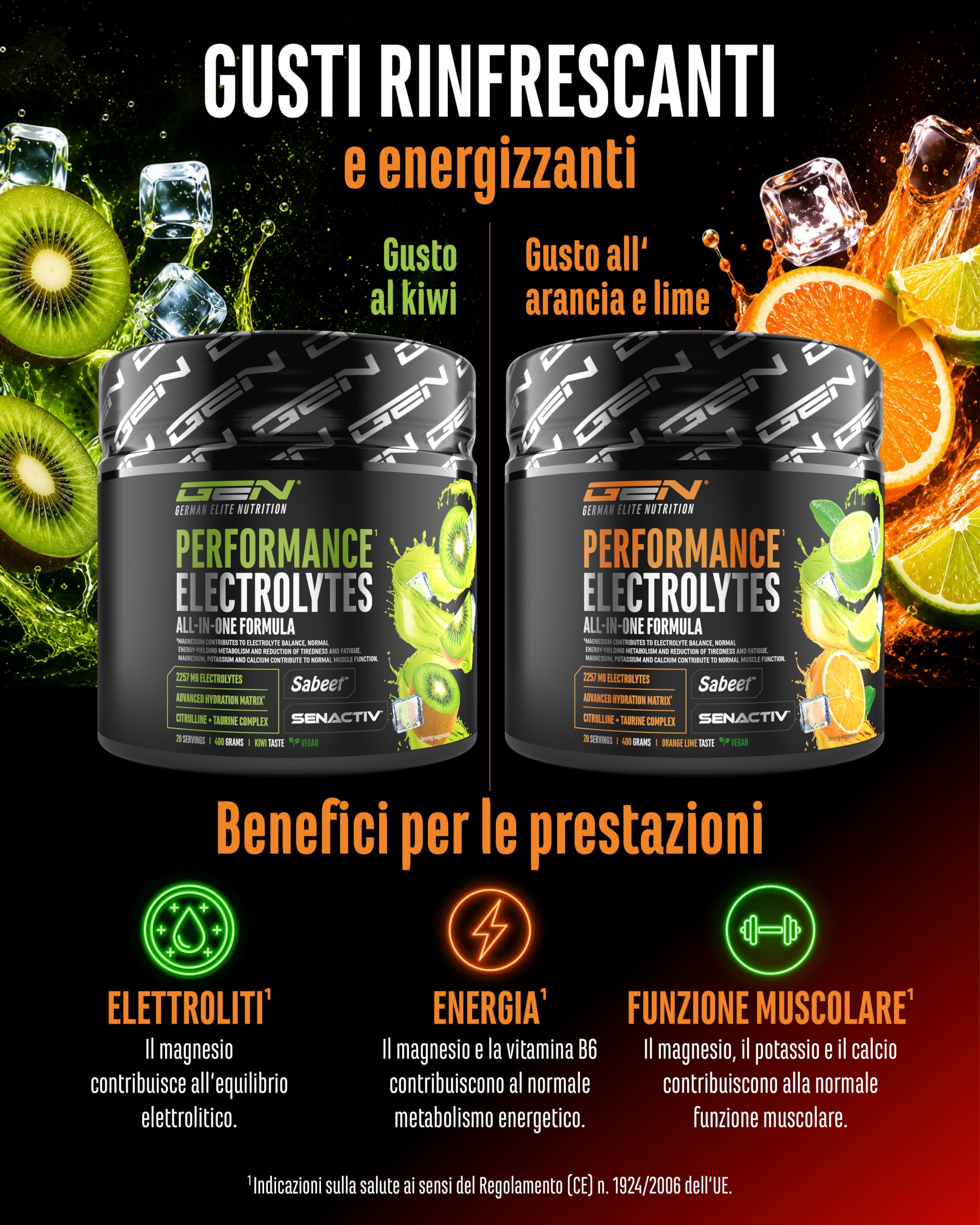 Performance Electrolytes - 400 g (20 Porzioni) - Advanced Hydration Matrix con Sodio, Potassio, Magnesio, Calcio e Cloruro - con Citrullina e Taurina - Senza Zucchero - Vegano - Gusto Arancia Lime