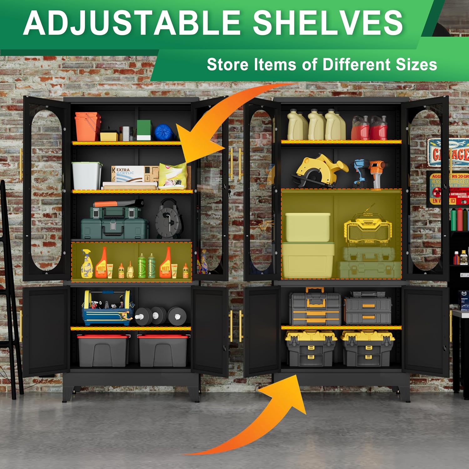 71”H Metal Storage Cabinet with Lock Glass Doors and Shelves,Steel Garage File Cabinets, Kitchen Pantry Cabinet Tall Locker Organizer for Home, Office, Warehouse,Tool（Black）