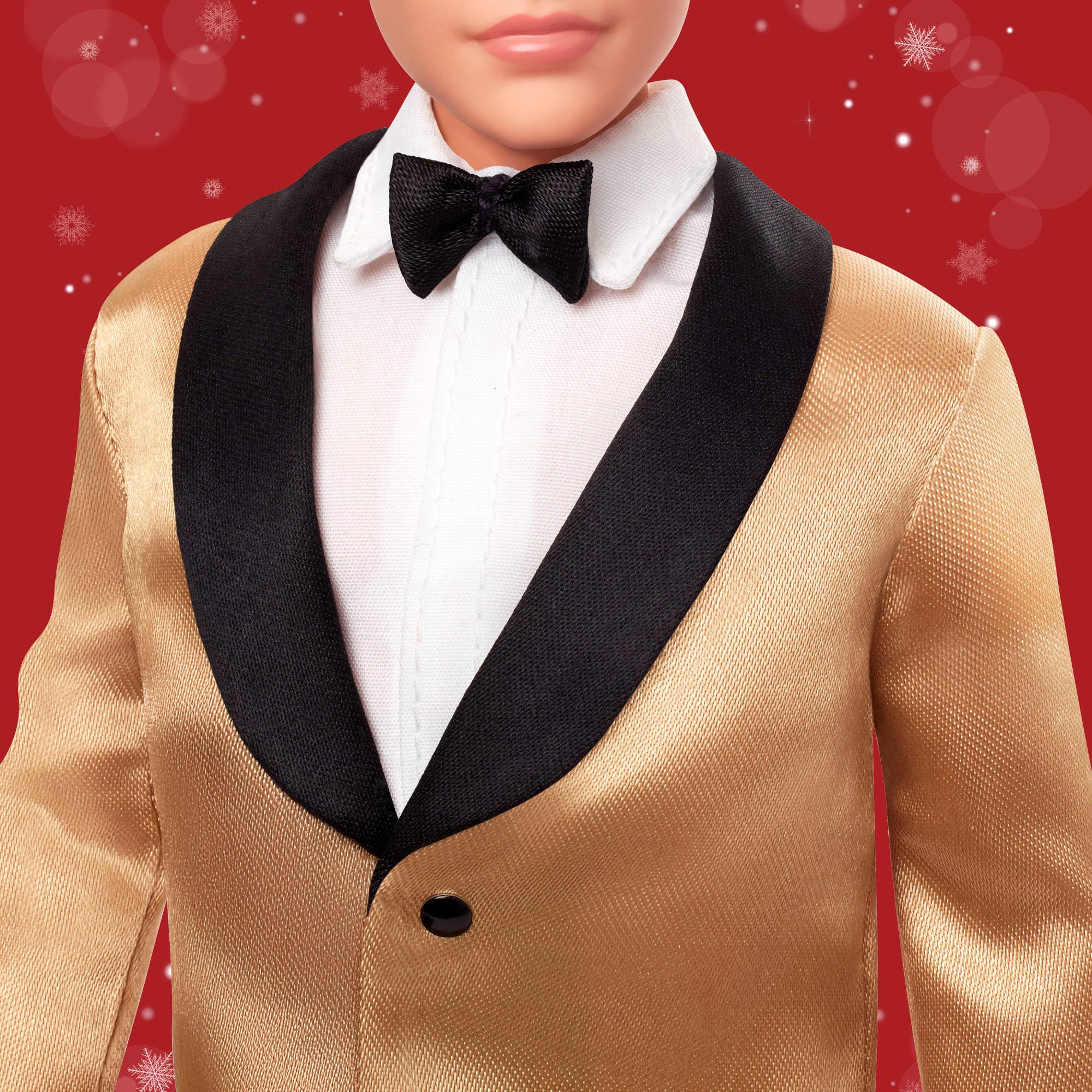 Barbie Signature 2025 Holiday Blonde Ken Collectible Fashion Doll wearing Full Suit with Golden Jacket in Displayable Packaging & Doll Stand - Image 3