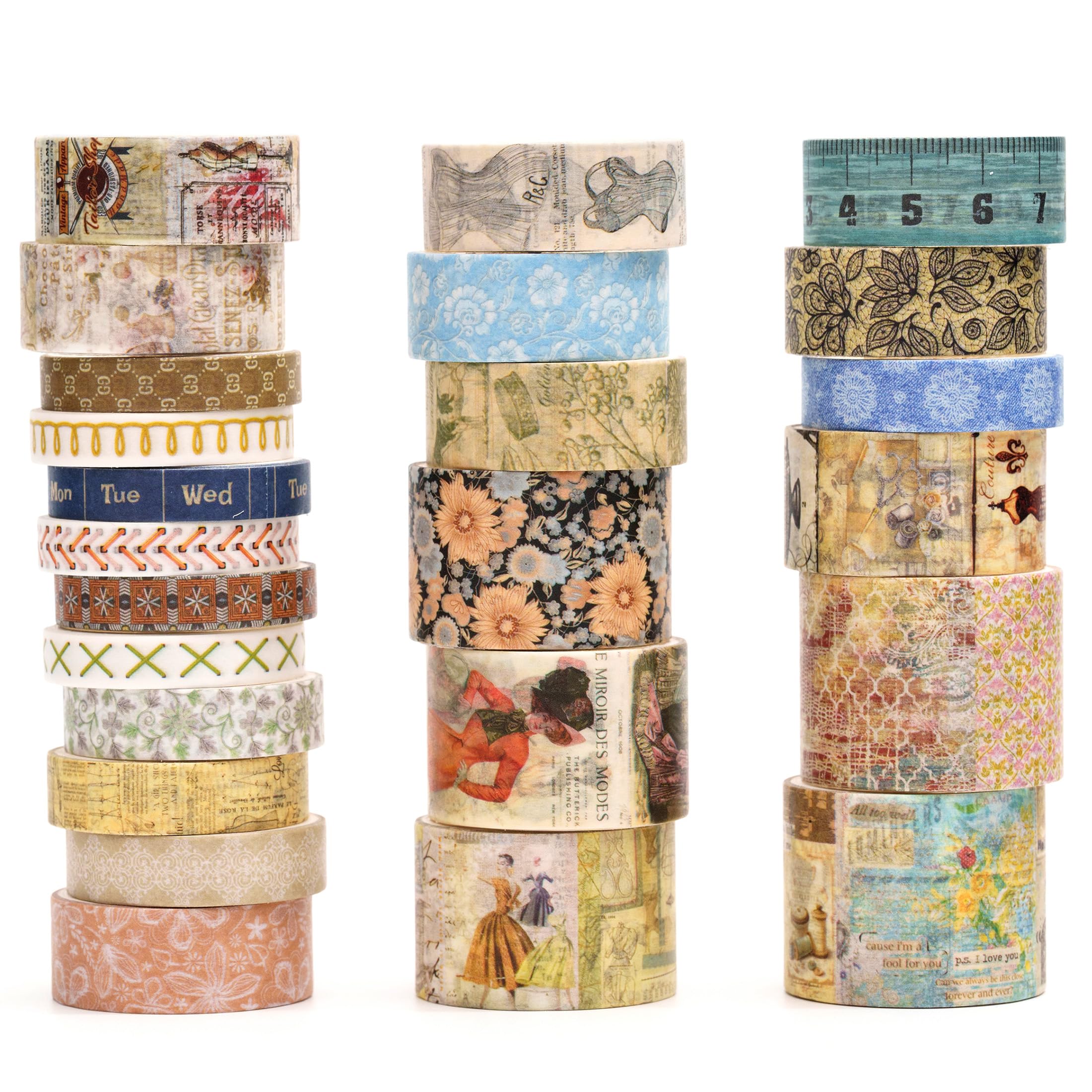 Songdao Vintage Washi Tape Set - 24 Rolls Arts Adhesive Tapes Assorted Retro Decorative Masking Tape Sets for Craft, Kids, Scrapbook, DIY, Gift Wrapping (7-Daily Vintage)