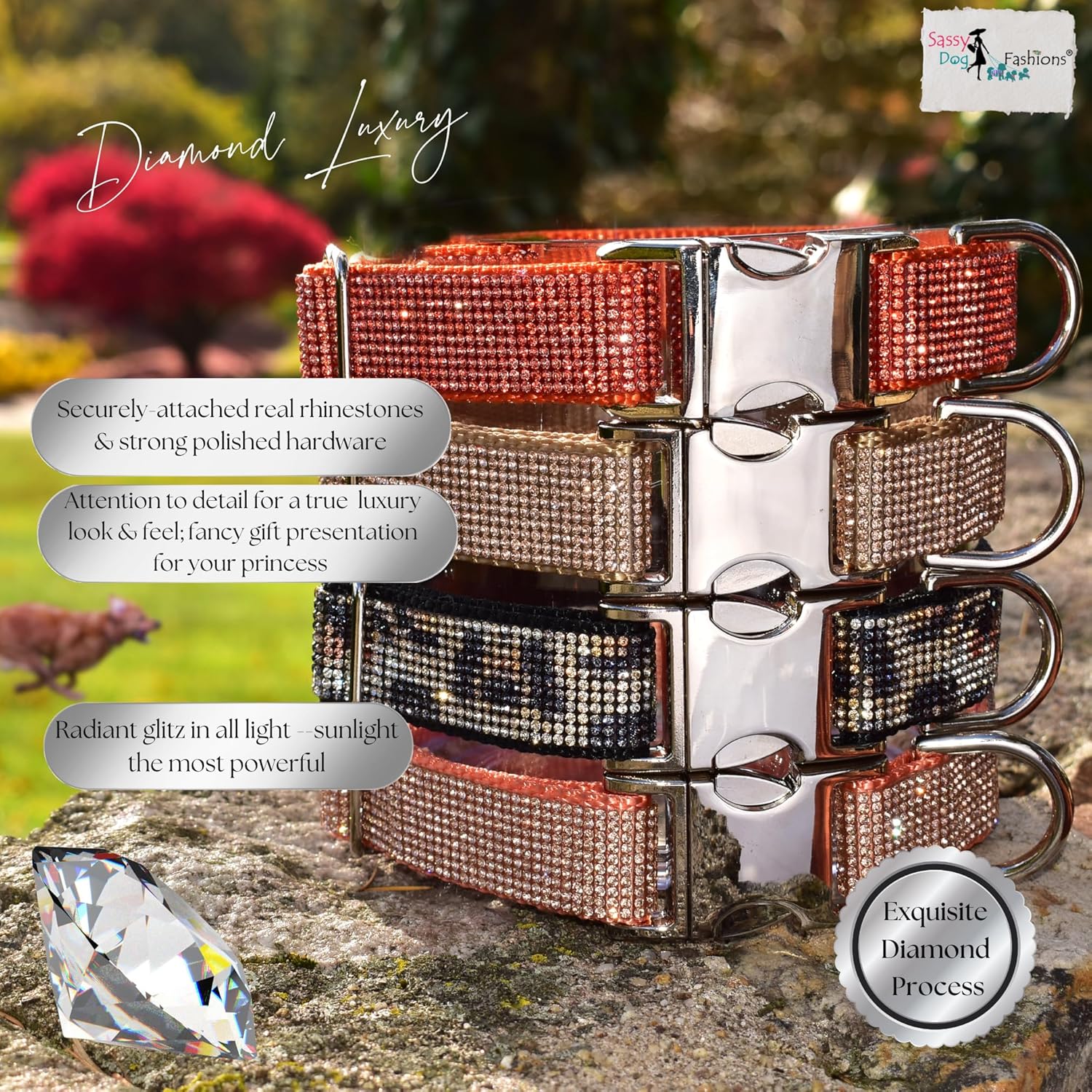 Handmade Personalized Crystal Rhinestone Dog Collar, Engraved Buckle-Crystal-Hardware Choice, Sparkle Bling Fashion Collars Large, Small, Medium Big Dogs Cats Boy – Sparkly Girl (1" W x 12-17" L)