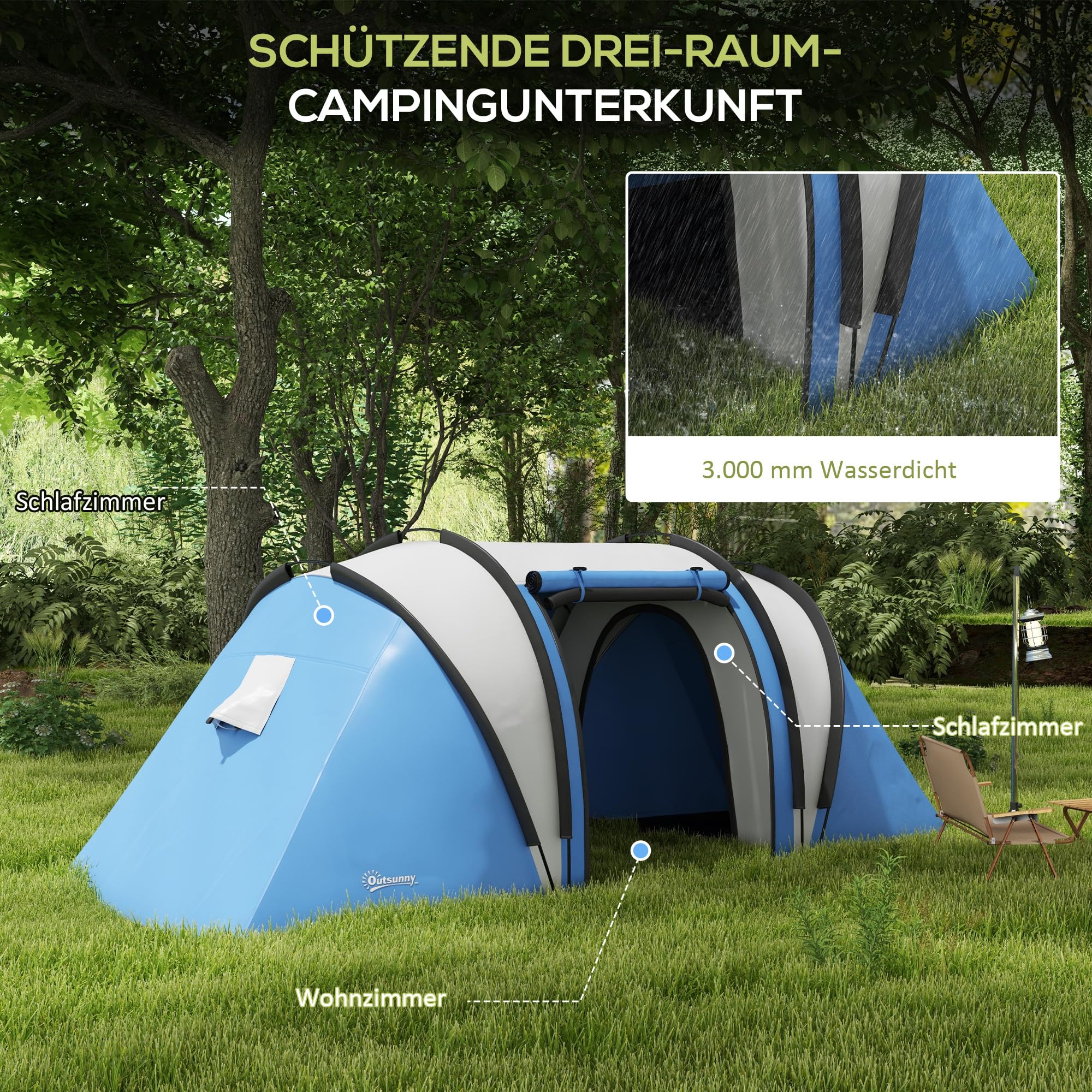Outsunny Campingzelt für 4-5 Personen leicht wasserabweisend Familienzelt mit 2 Zimmer Seitentür Fenster, Zelt mit 3000mm Wassersäule Tunnelzelt Kuppelzelt für Camping Reise Garten