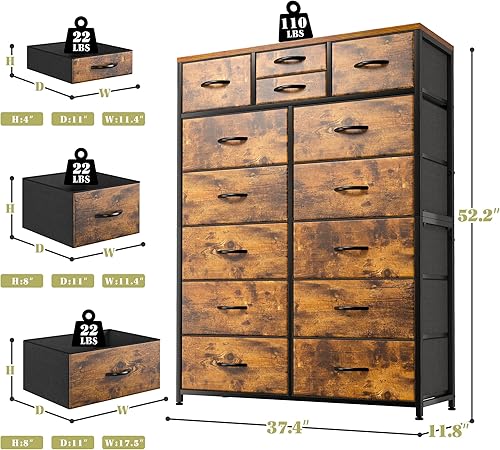 Miniatura 3 de EnHomee Cómoda de 14 cajones, cómodas altas para dormitorio, cómodas y cómodas, marco de metal resistente y parte superior de madera, fácil montaje,