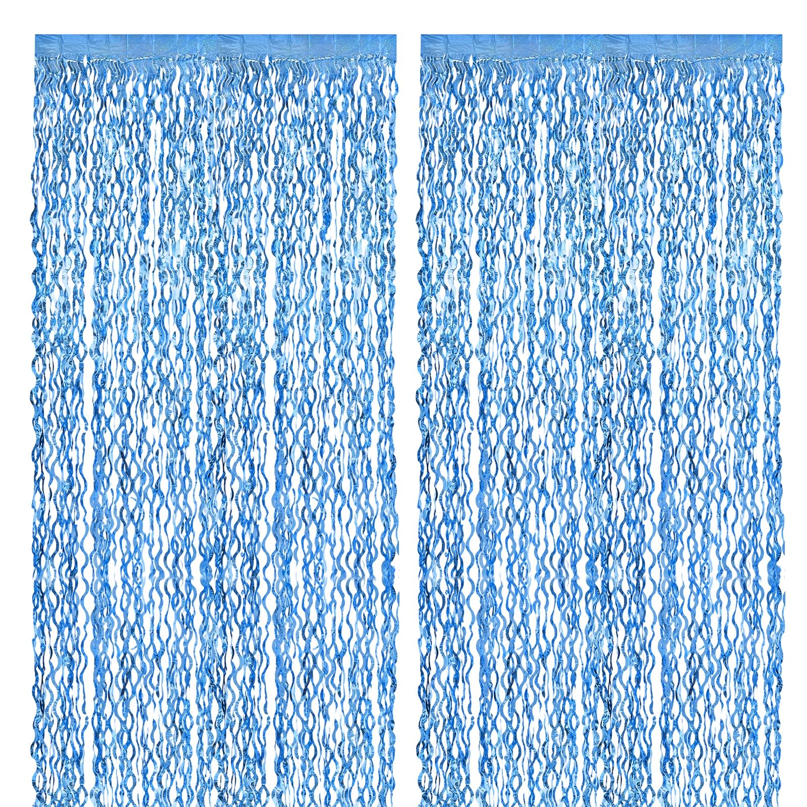 M METERXITY 4-Pack Shiny Wave Tinsel Foil Fringe Curtain 3.3x6.6 ft Metallic Streamers Light Blue Holiday Photo Booth Props Backdrop for Wedding/Birthday/Party/Christmas/Anniversary