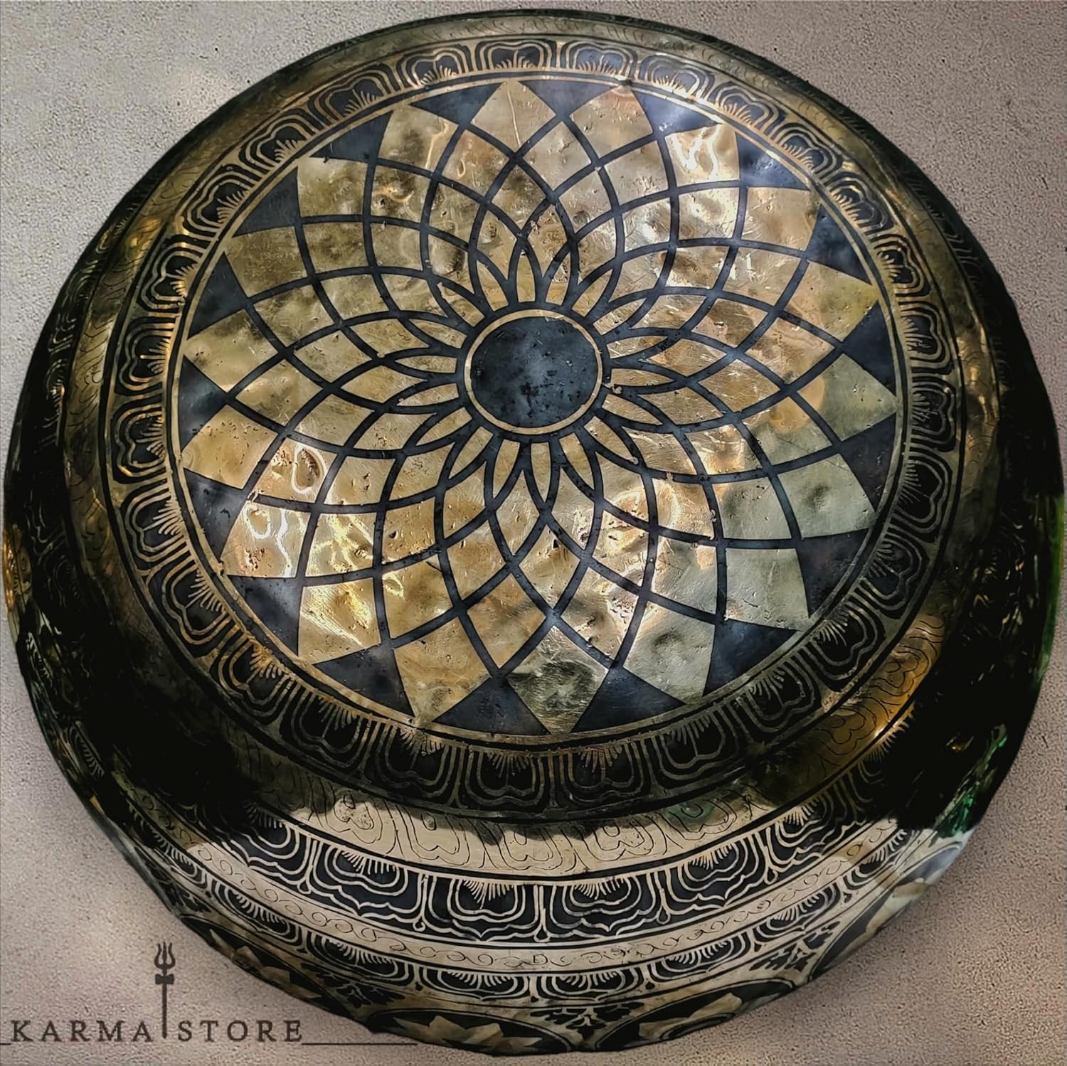Large Singing Bowl - 20 Inches in Diameter - Buddha's Feet Etched by Artisans from Nepal - For Healing, Sound Bath, Yoga, Relaxation, and Meditation Gold
