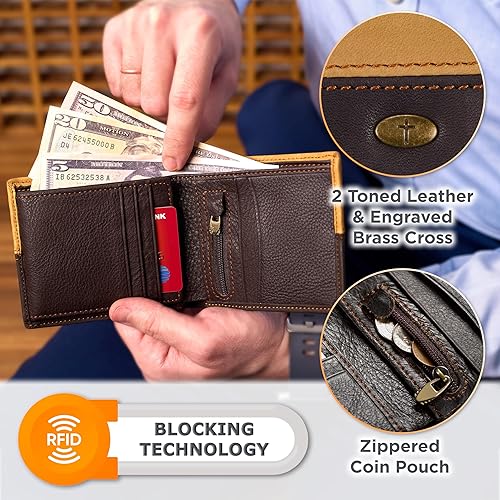 Miniatura 3 de Christian Art Gifts Cartera clásica de cuero de grano completo para hombre con emblema cruzado, bloqueo RFID para tarjetas, identificación, ranuras