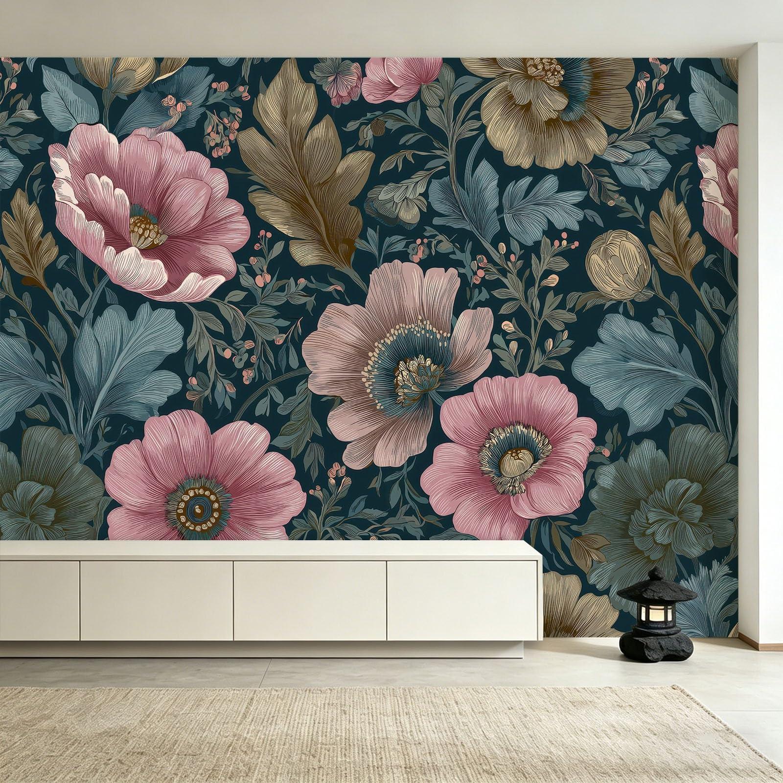 Panoramiczna tapeta w stylu retro barokowym, 350 x 256 cm, tapeta dekoracyjna do salonu i sypialni, efekt 3D, kwiaty, dzikie kwiaty, rośliny gałęzie liści